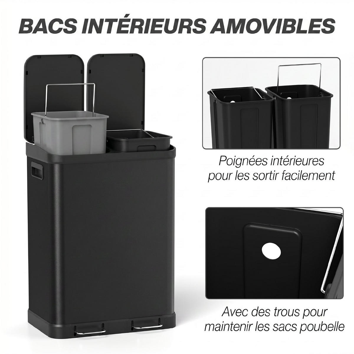 MÜLLTRENNSYSTEM 2X30 LITER 48,8/39,5/67 cm Edelstahl Schwarz Küche - Schwarz, Metall (39.5/67/48.8cm) - Rolipo