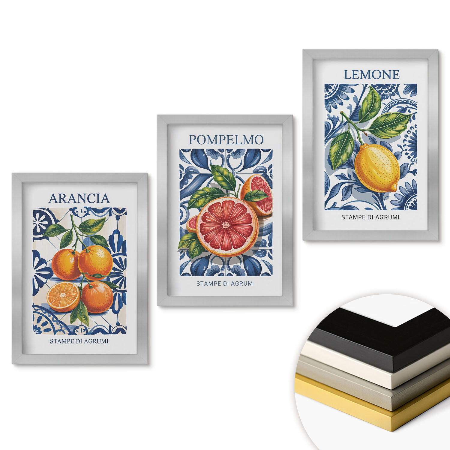 WANDBILDER 3er Set - 20x30 cm Silberner Rahmen - Italienische Zitrus-Modeplakate - Silberfarben, Kunststoff (20/30cm) - ArtPrintCave