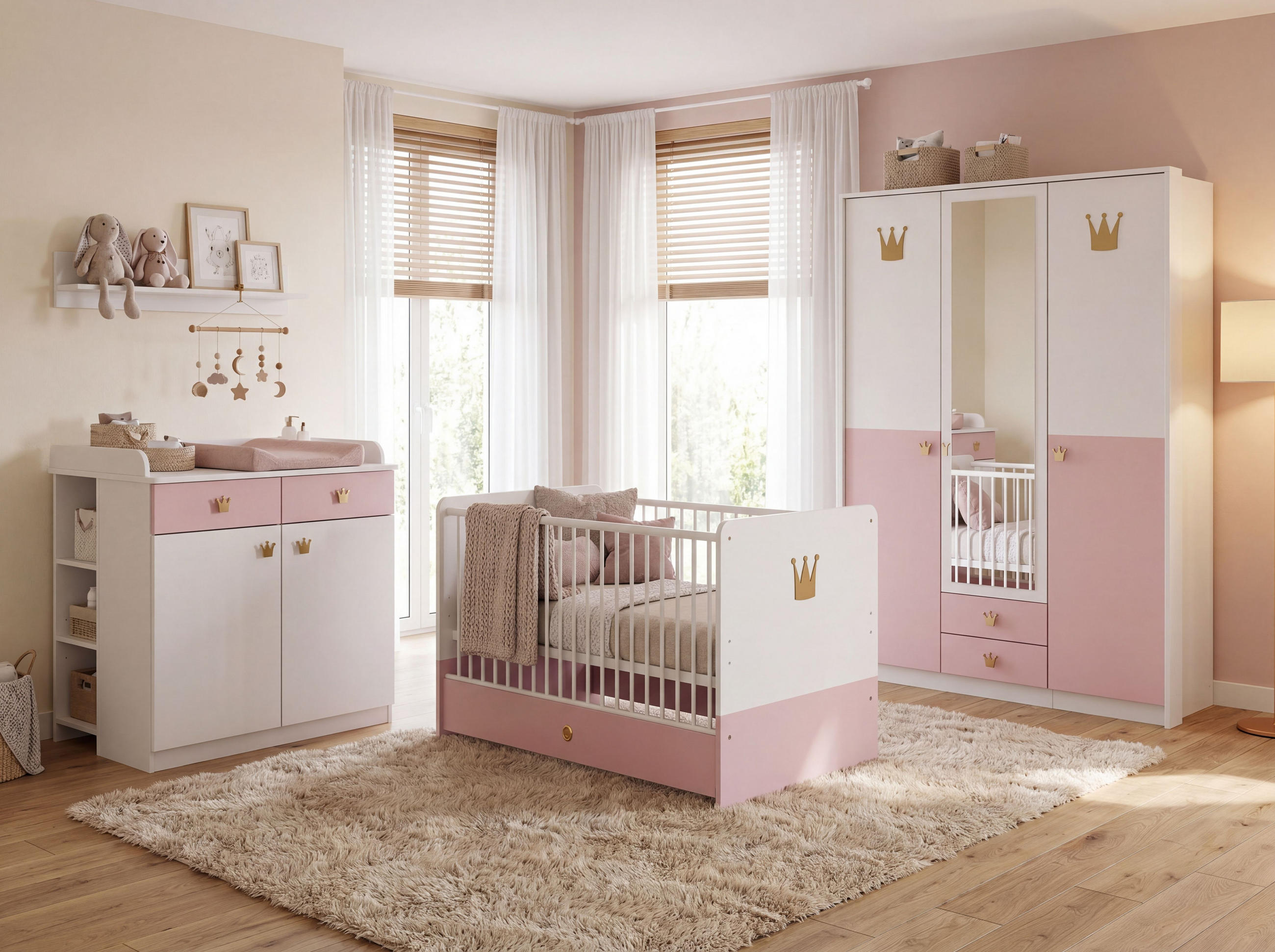 BABYZIMMER Cindy in Weiß und Rosé 8 teilig mit 3 türigem Kleiderschrank - Weiß, Holzwerkstoff (120/200/80cm)