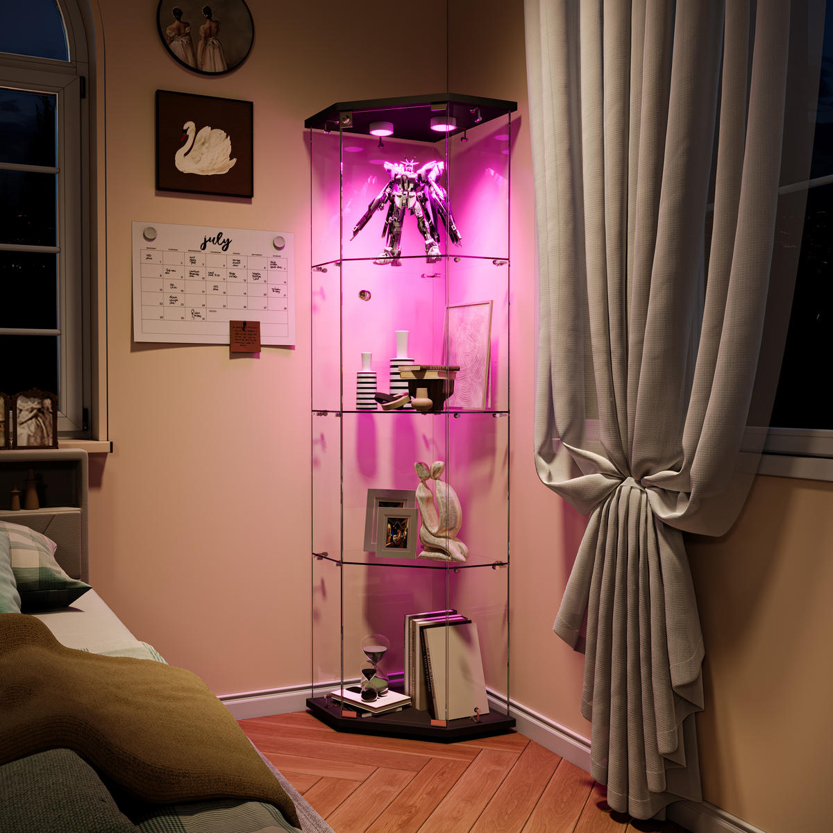 GLASVITRINE 162x60x45 cm freistehend 4 Ablagen LED schwarz - Schwarz, Holz (60/162/40cm) - LEBENLANG