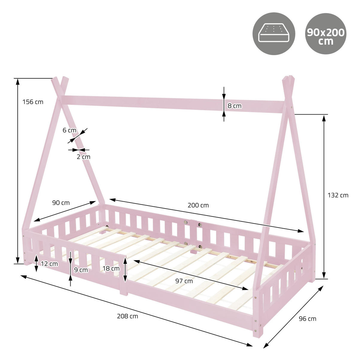 KINDERBETT Tipi mit Matratze 90x200 cm Rosa - Pink, Holz (90/200cm) - ML-DESIGN