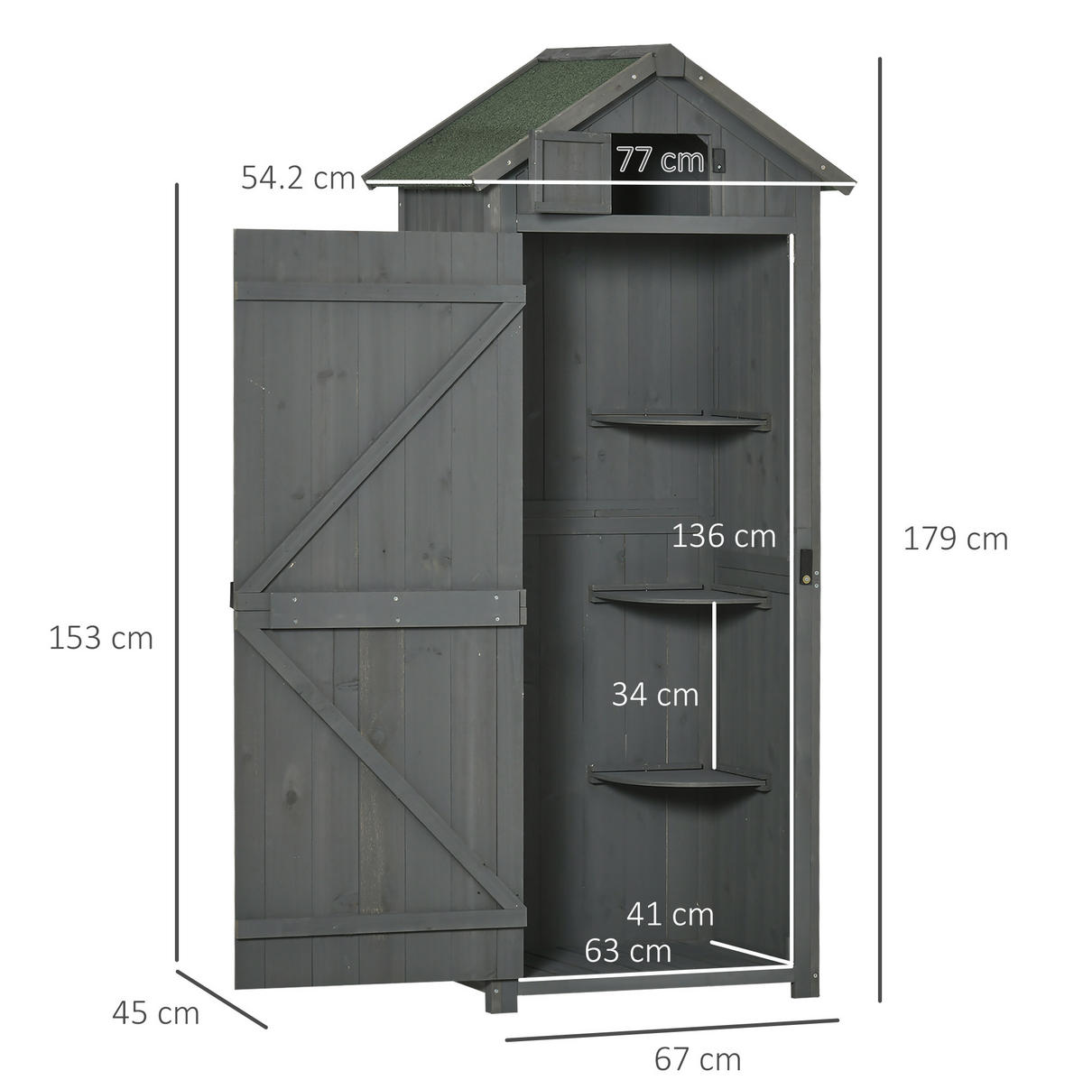 GARTENSCHRANK aus Holz 77x54,2x179cm in Grau mit Fenster - Grau, Holz (54.2/179/77cm) - Modfu