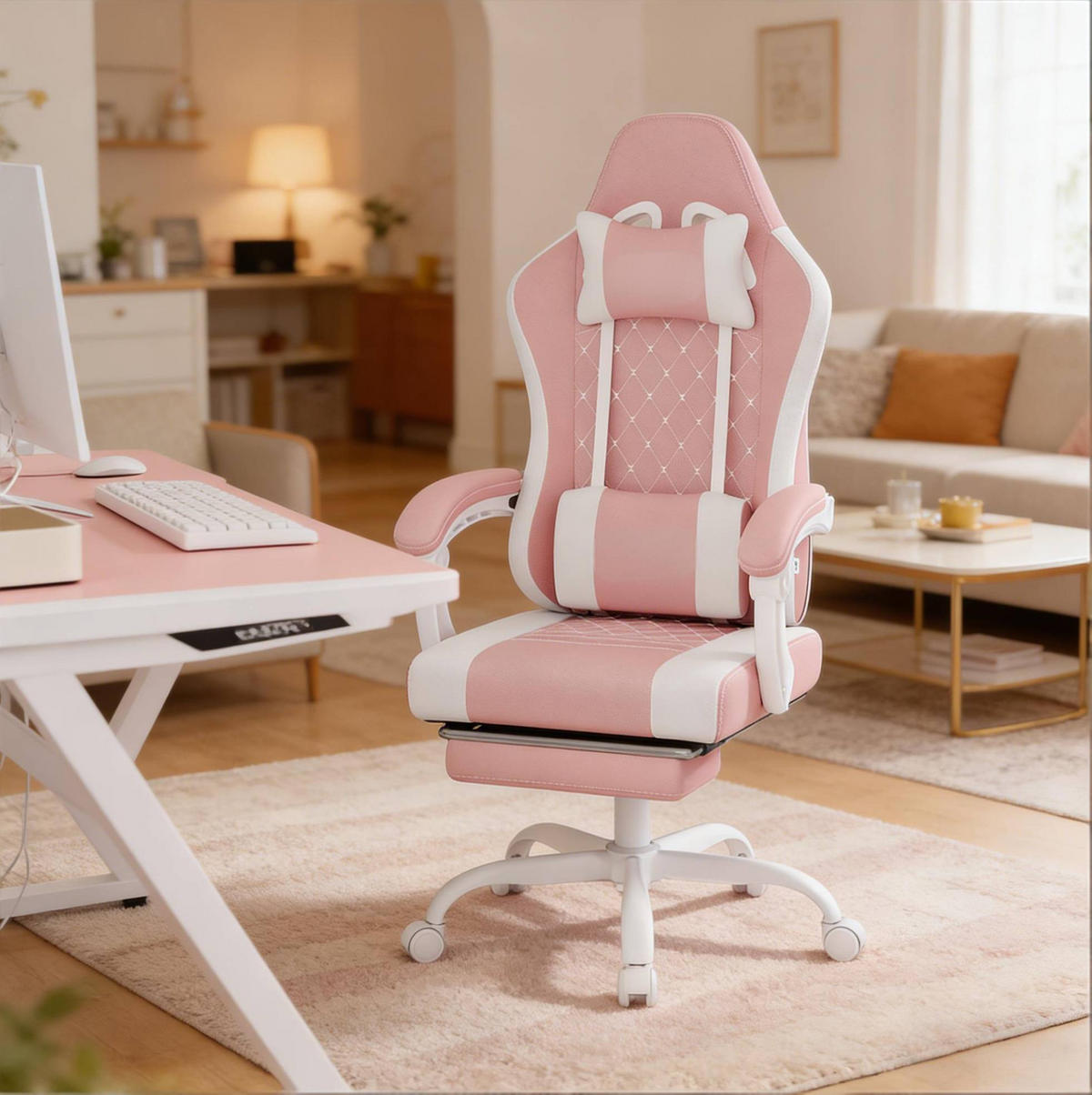 BÜROSTUHL mit Massagefunktion höhenverstellbar Mesh-Stoff Pink Weiß - Pink, Metall (70/127/70cm) - Meubliv