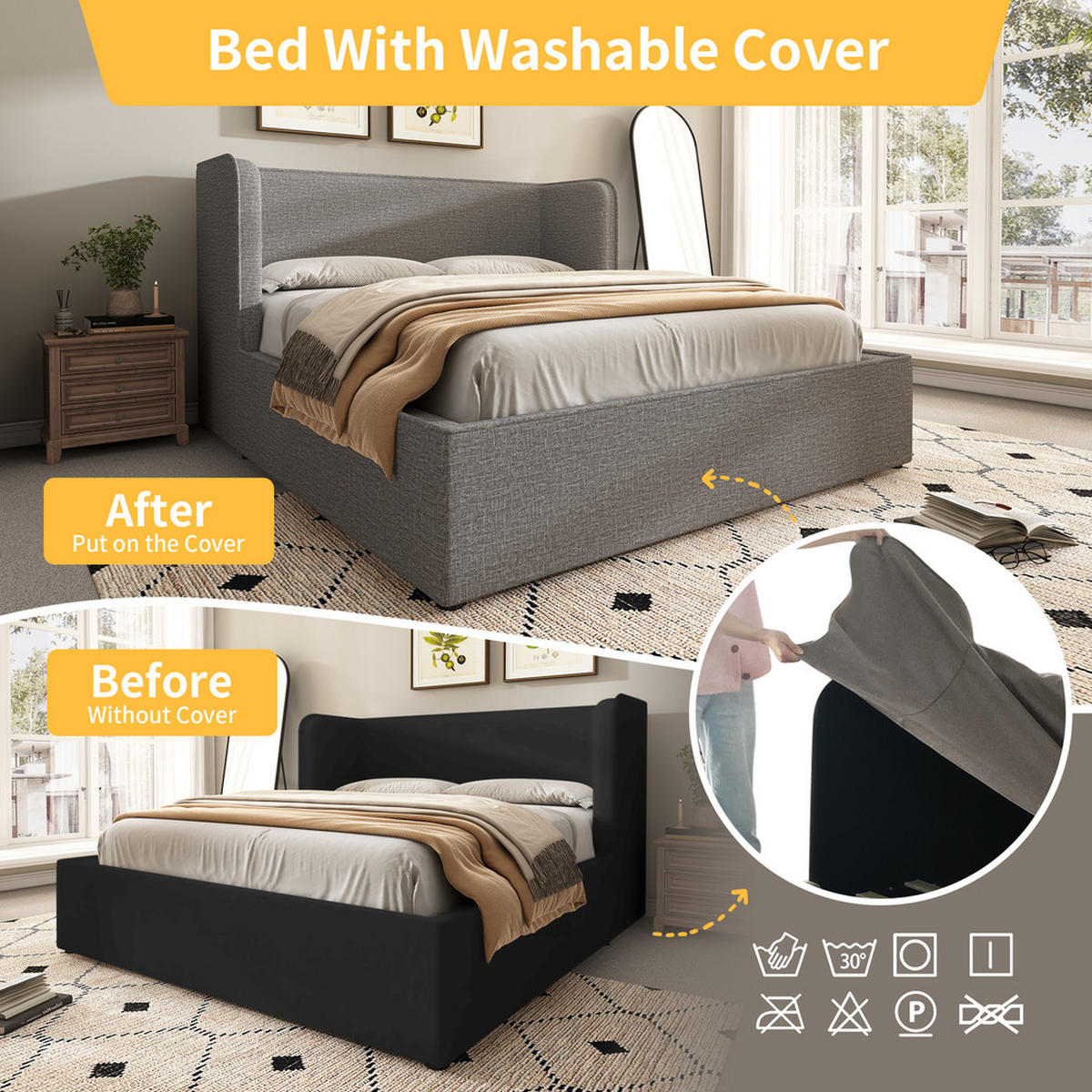 POLSTERBETT 160x200cm Doppelbett Hydraulik-Stauraum Leinen Bezug Grau - Grau, Holz - FLIEKS