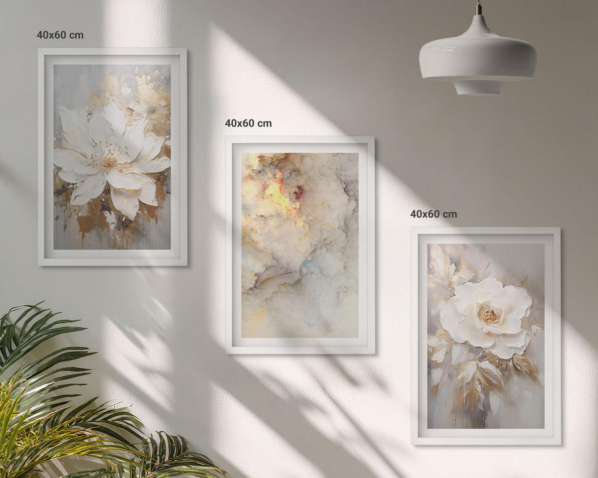 BILDER SET 3er Set - 40x60 cm Weißer Rahmen - Blumen heller abstrakter Hintergrund - Weiß, Kunststoff (40/60cm) - TULUP