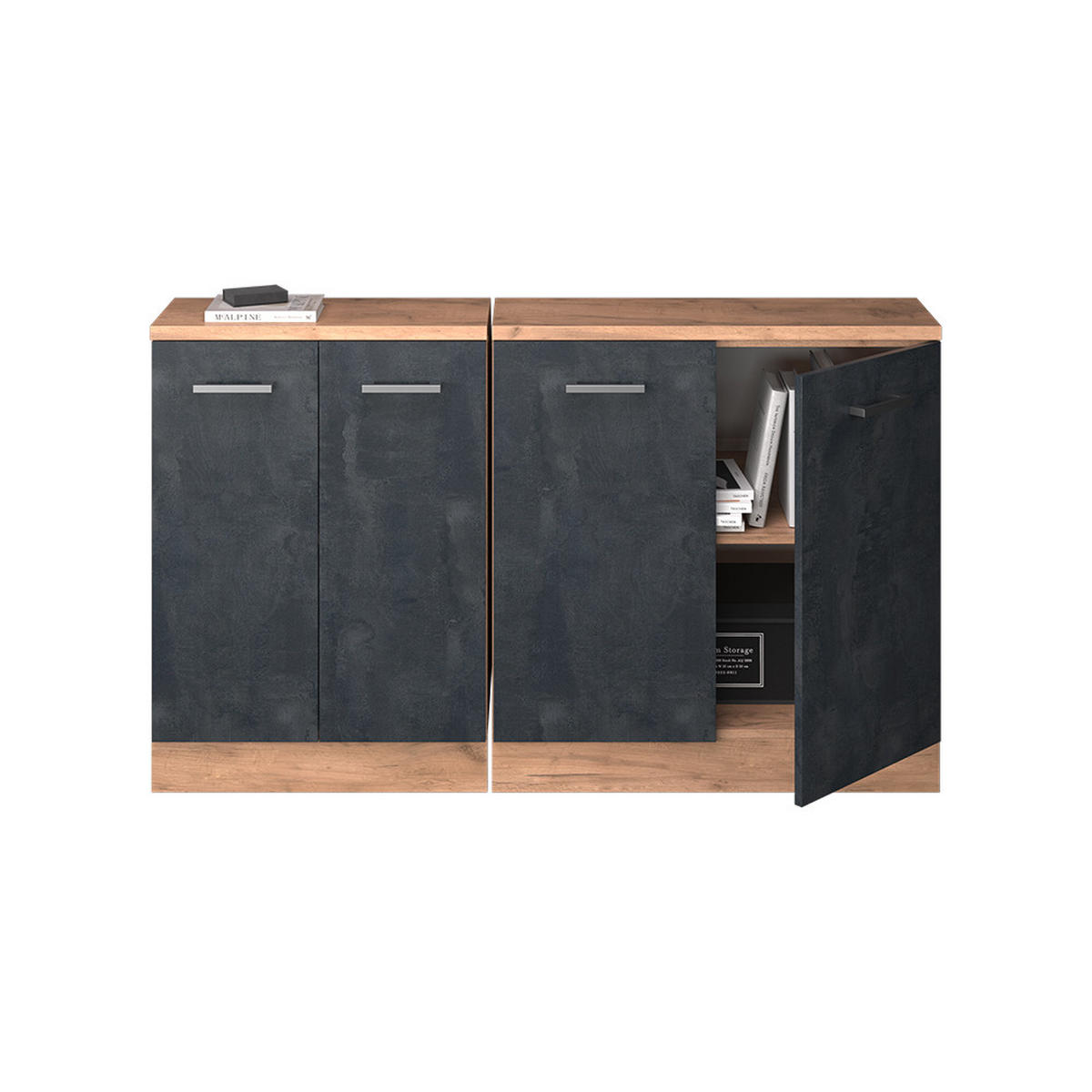 KUHINJSKI ORMAR ZA KOSINE KROVA R-Line Crni Beton 140 cm Set od 2 korpusa ormara, dubina 60 cm - hrast medunac/crna, drvni materijal (140/83.8/60cm) - Vicco