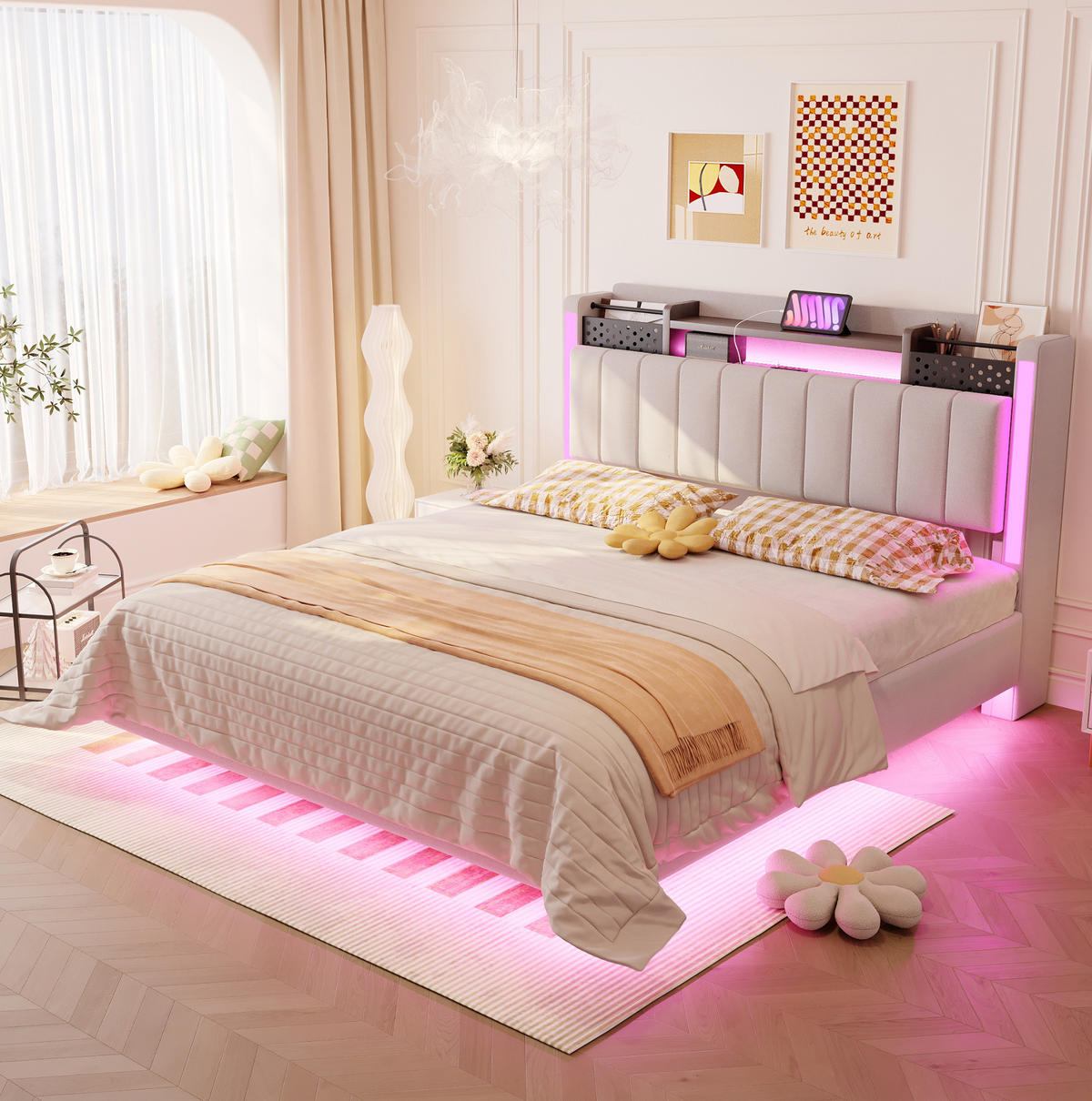 POLSTERBETT 140/200 cm beige aus Leinenstoff mit LED und USB-Anschluss mit Stauraum - Beige, Textil (140/200cm) - OKWISH