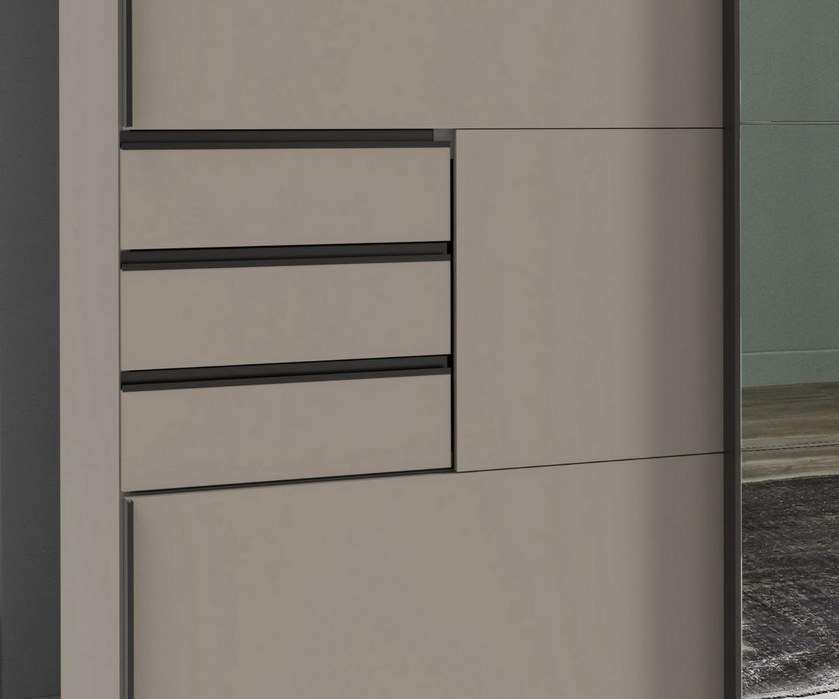 SCHWEBETÜRENSCHRANK 3-türig B270/H208/64 cm, Sandgrau, eine Spiegeltür, Kleiderschrank mit Schubladen & Vollausstattung / 22615 - Graubraun/Anthrazit, Holzwerkstoff/Metall (270/208/64cm) - luma-home