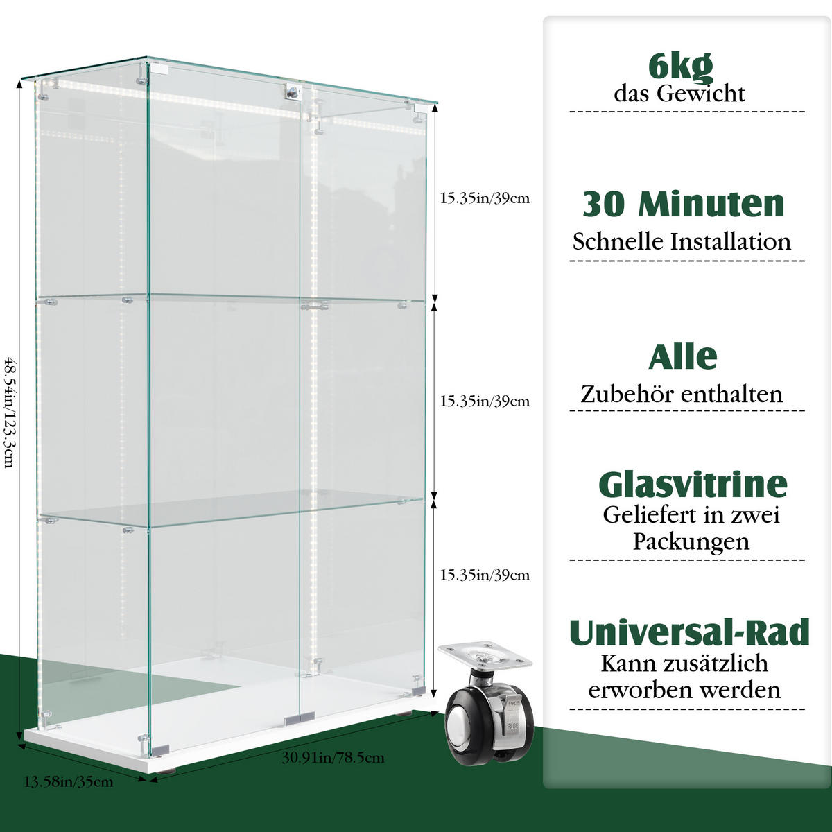 GLASVITRINE, stehend mit 3 Einlegeböden, Touch-LED, Doppeltür mit Schloss, Weiß - Weiß, Glas (78.5/123.3/35cm) - BRILVERDE