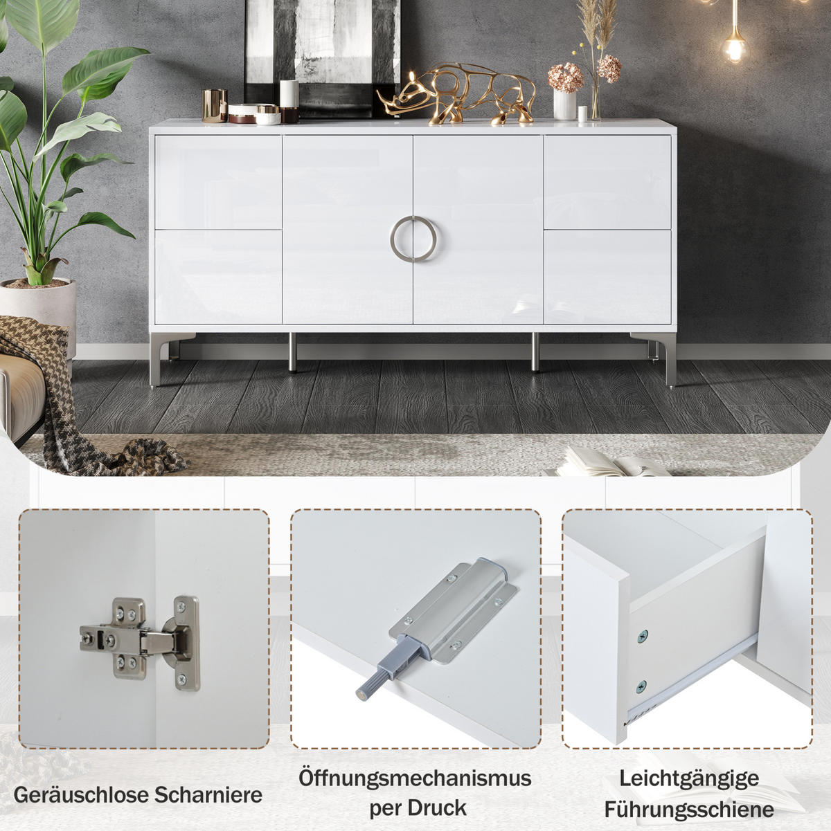 SIDEBOARD 150/38/59.5 cm Weiß aus MDF Hochglanz - Weiß, Holzwerkstoff (38/59.5/150cm) - OKMYHOME