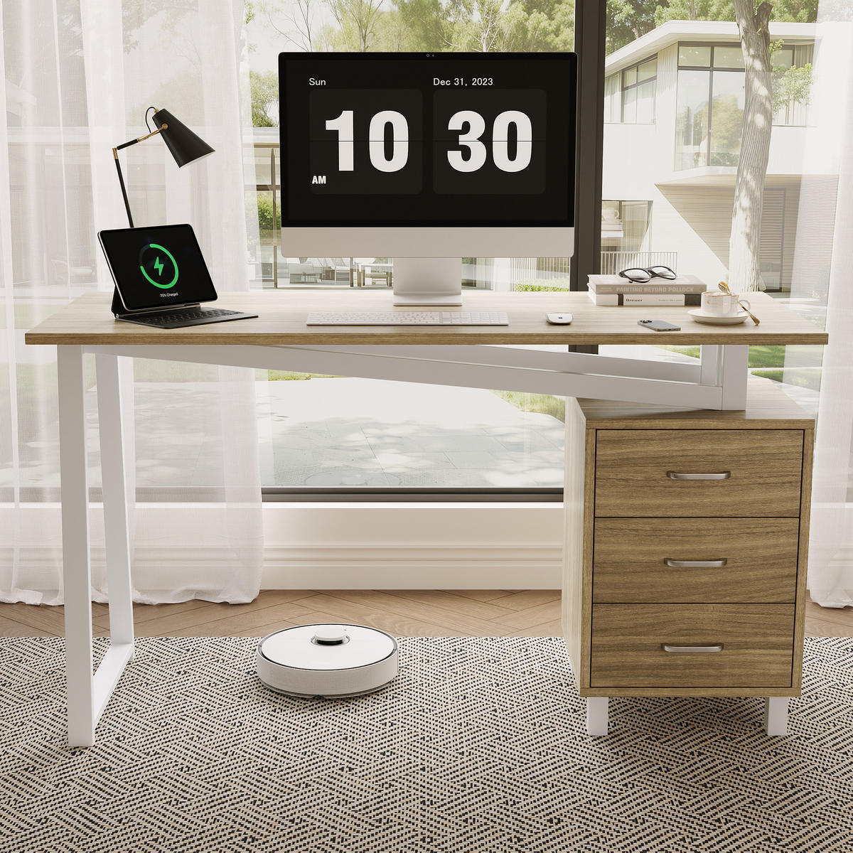 SCHREIBTISCH in Naturfarbe Bürotisch mit Schubladenschienen, 130/55/75cm - Weiß/Naturfarben, Holzwerkstoff/Metall (55/130/75cm) - STILVORA