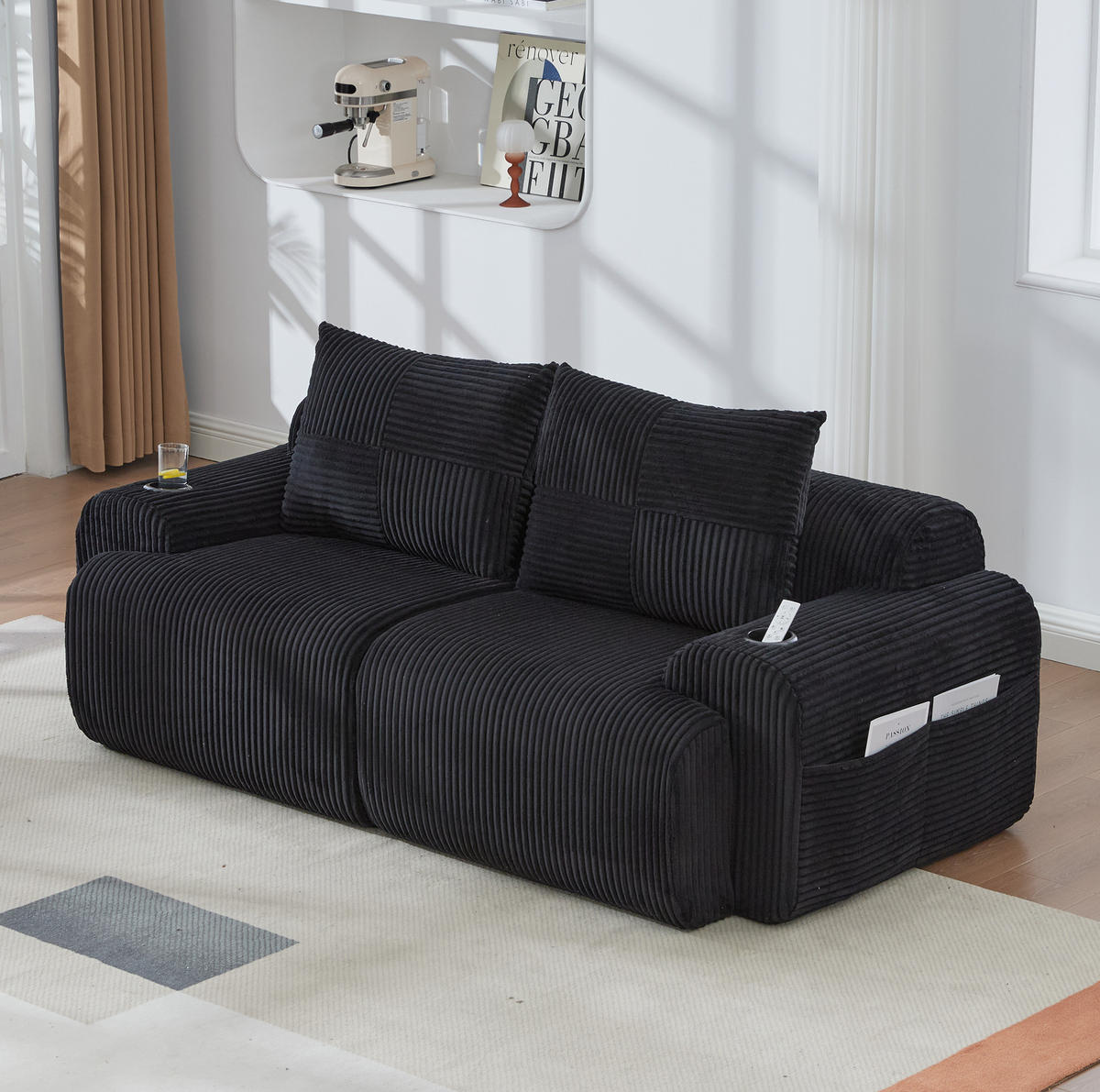 MODULÁRNÍ sofa 200/99/80 cm černá z manšestru s držákem nápojů a boční kapsou - černá, textil (99/80/200cm) - OKWISH