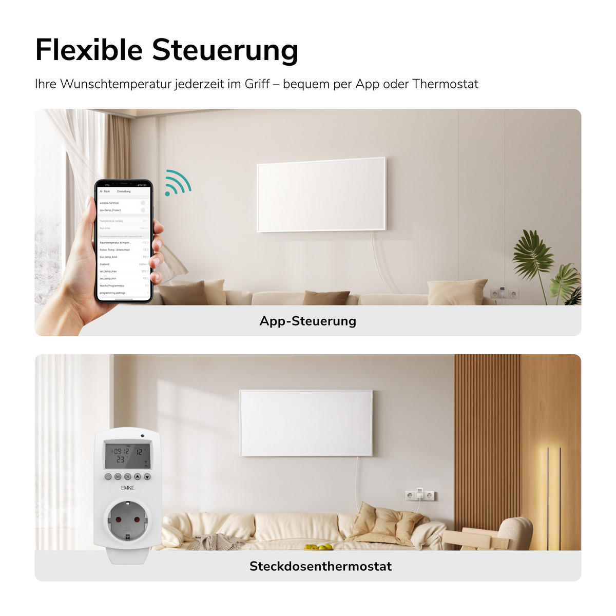 WANDKONVEKTOR Elektrisch 1000 W mit Thermostat und App Steuerung 119,5/59,5 cm - Weiß, Kunststoff/Metall (119.5/59.5/2cm) - EMKE