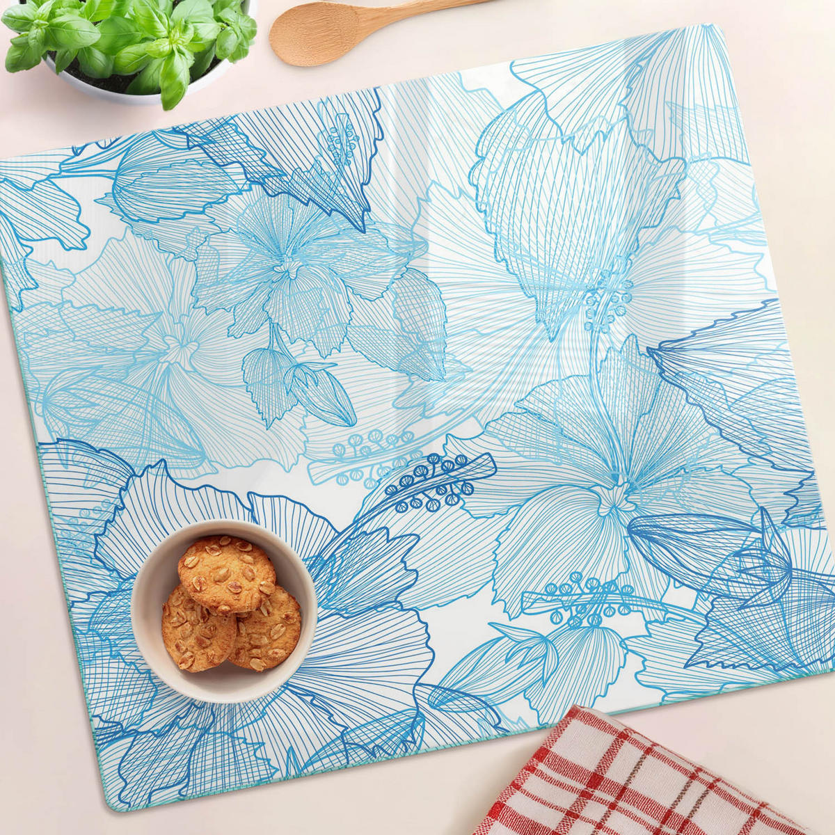 GLASPLATTE 60x52 cm Hawaiianische Blumen - Blau, Glas (60/0.4/52cm) - TULUP