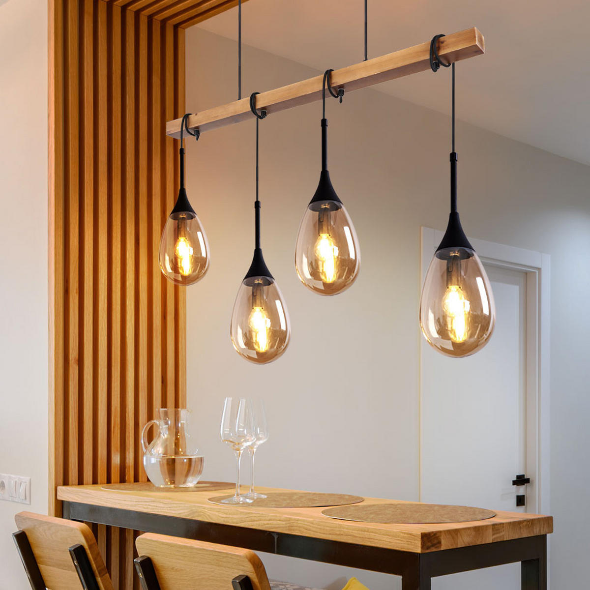 HÄNGELEUCHTE Holzoptik Schwarz 4-Flammig - Schwarz, Holz (92/12/120cm) - Globo Lighting