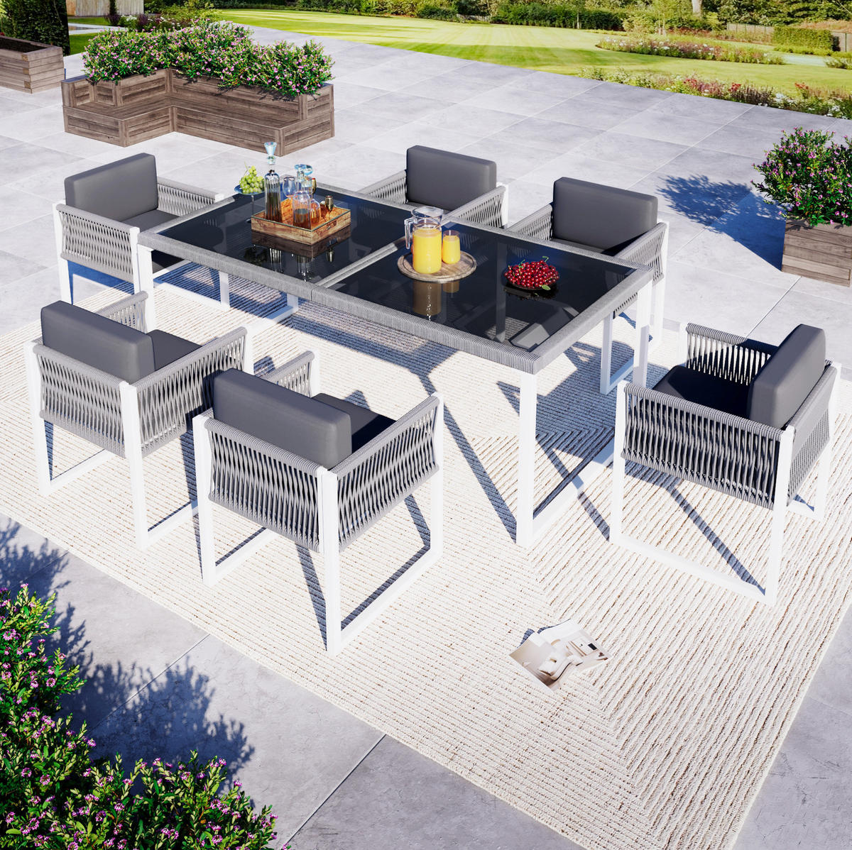 GARTEN-ESSGRUPPE 170/80/75 cm grau/weiß aus Eisen mit 6 Stühlen - Grau, Metall - OKWISH
