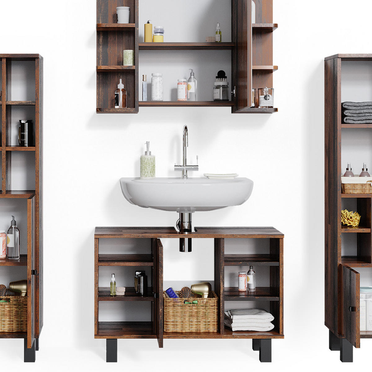 BADMÖBEL-SET Fynn Eiche rustikal 4 Teile, mit Midischränke - Wildeiche, Holzwerkstoff (60/54/32cm) - Vicco