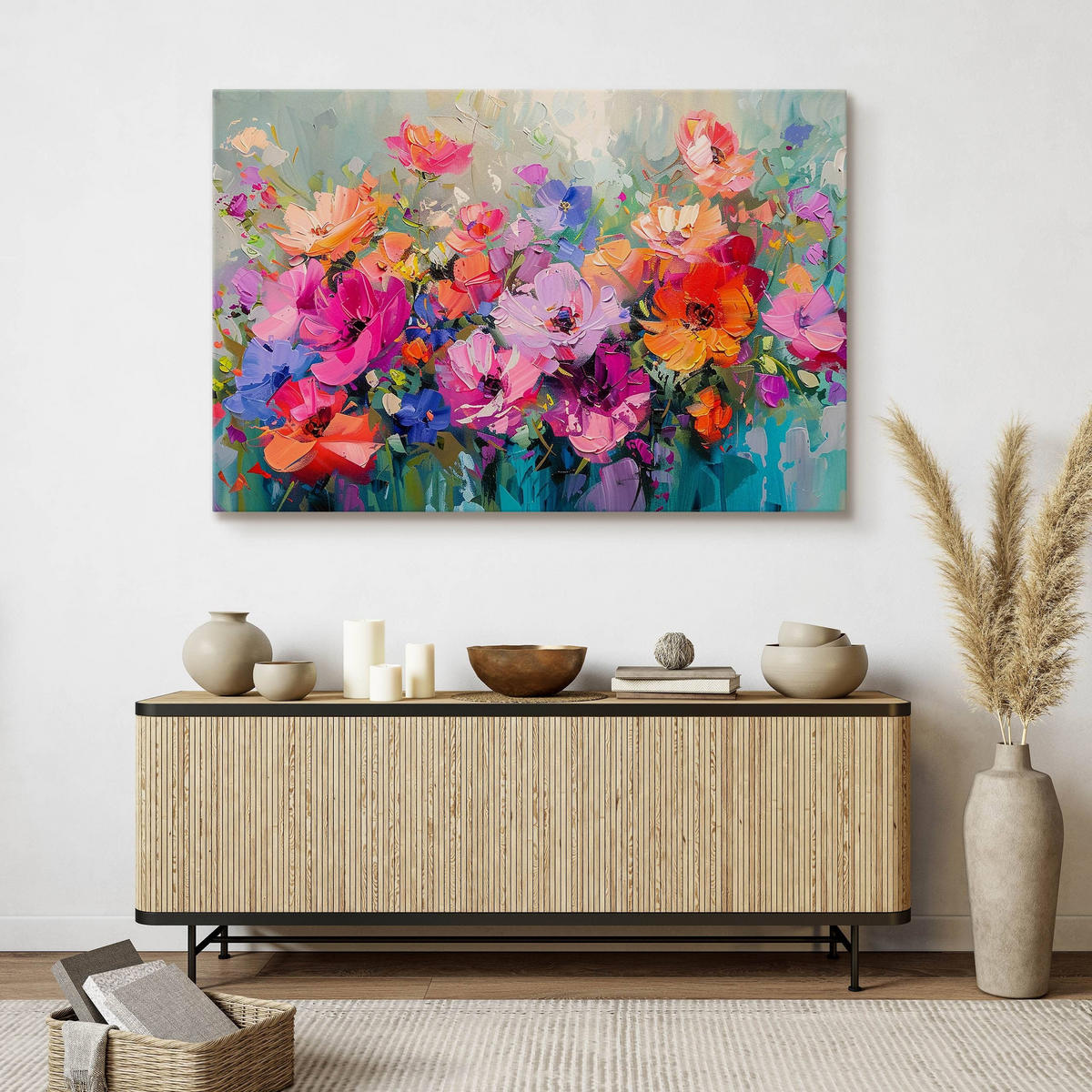 LEINWANDBILD Blumen Malarei Abstraktion 90x60 - Blau/Beige, Textil (90/60cm) - Muralo