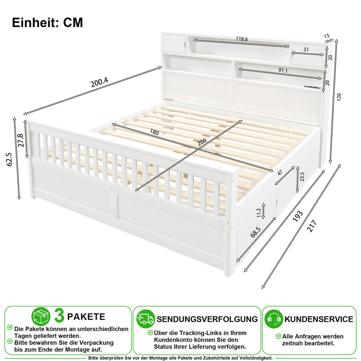 BETT 180/200 cm in Weiß mit 4 Schubladen, LED und Regal aus MDF - Weiß, Holz/Holzwerkstoff (180/200cm) - CHICFURN