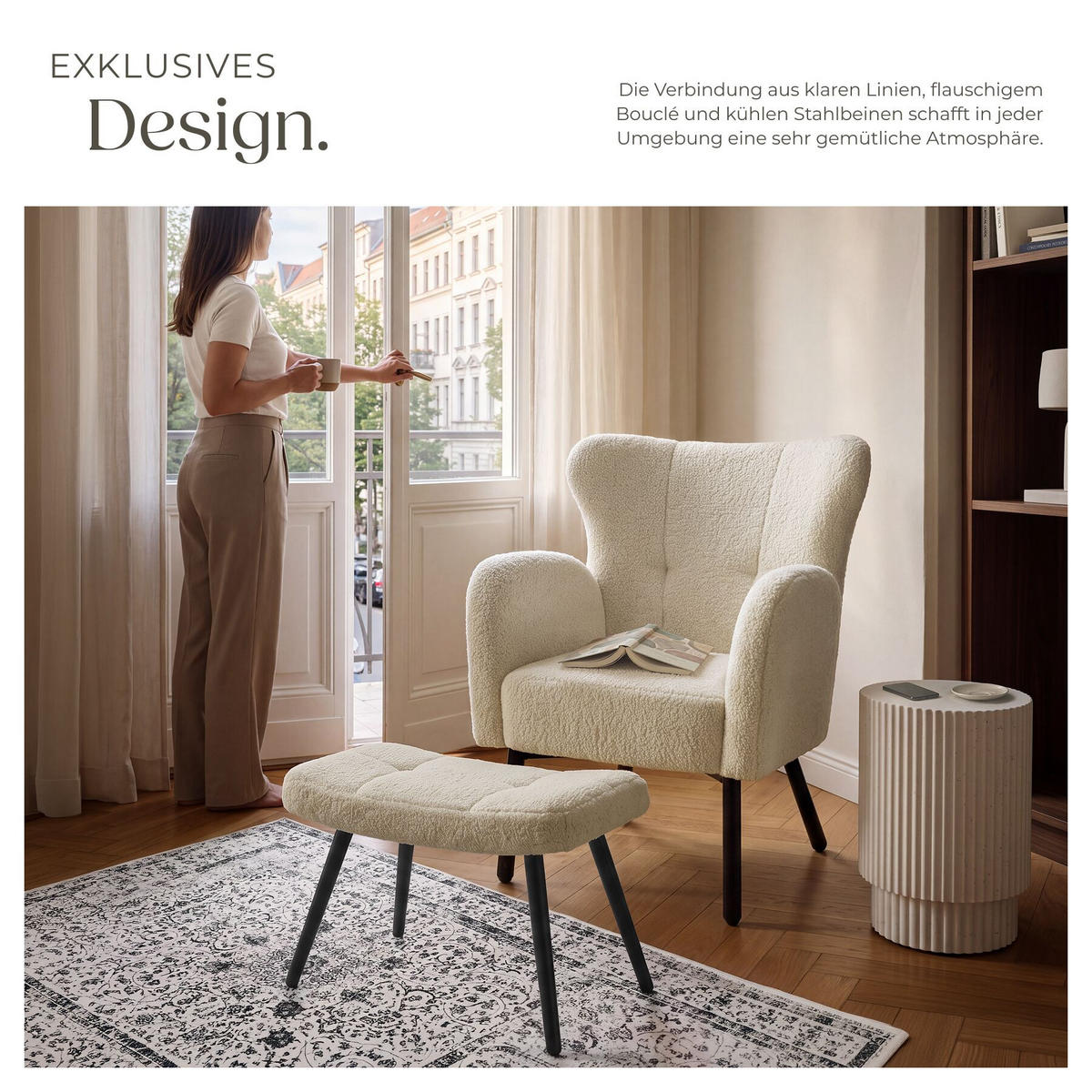 SESSEL MIT HOCKER Vänersborg, Belastbarkeit 120 kg, Bouclé creme/schwarz - Creme/Schwarz, Kunststoff (72/92/71cm) - tectake