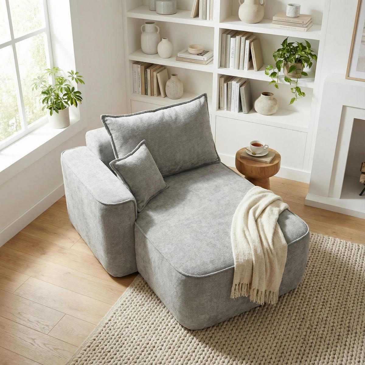 CHAISE LONGUE premium chenille relaxliege montagefrei - Hellgrau, Textil (144/65/112cm) - Urban Meuble