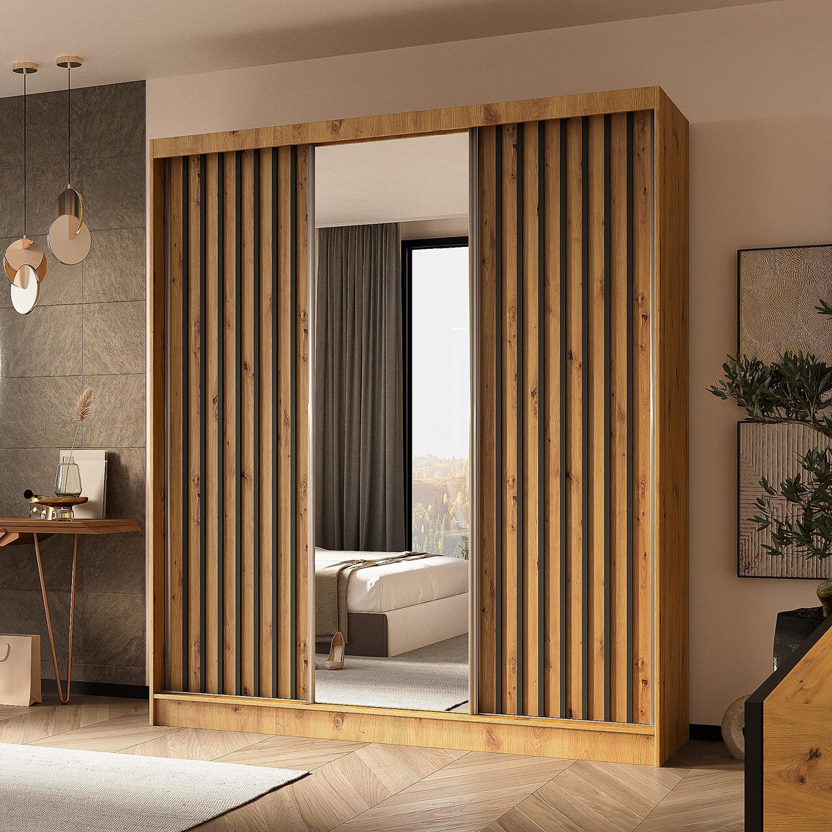 SCHWEBETÜRENSCHRANK LAMELLO 180/216/61 cm 3-türig mit Spiegel Eiche Artisan - Eiche Artisan, Holzwerkstoff (180/216/61cm) - MASSENO