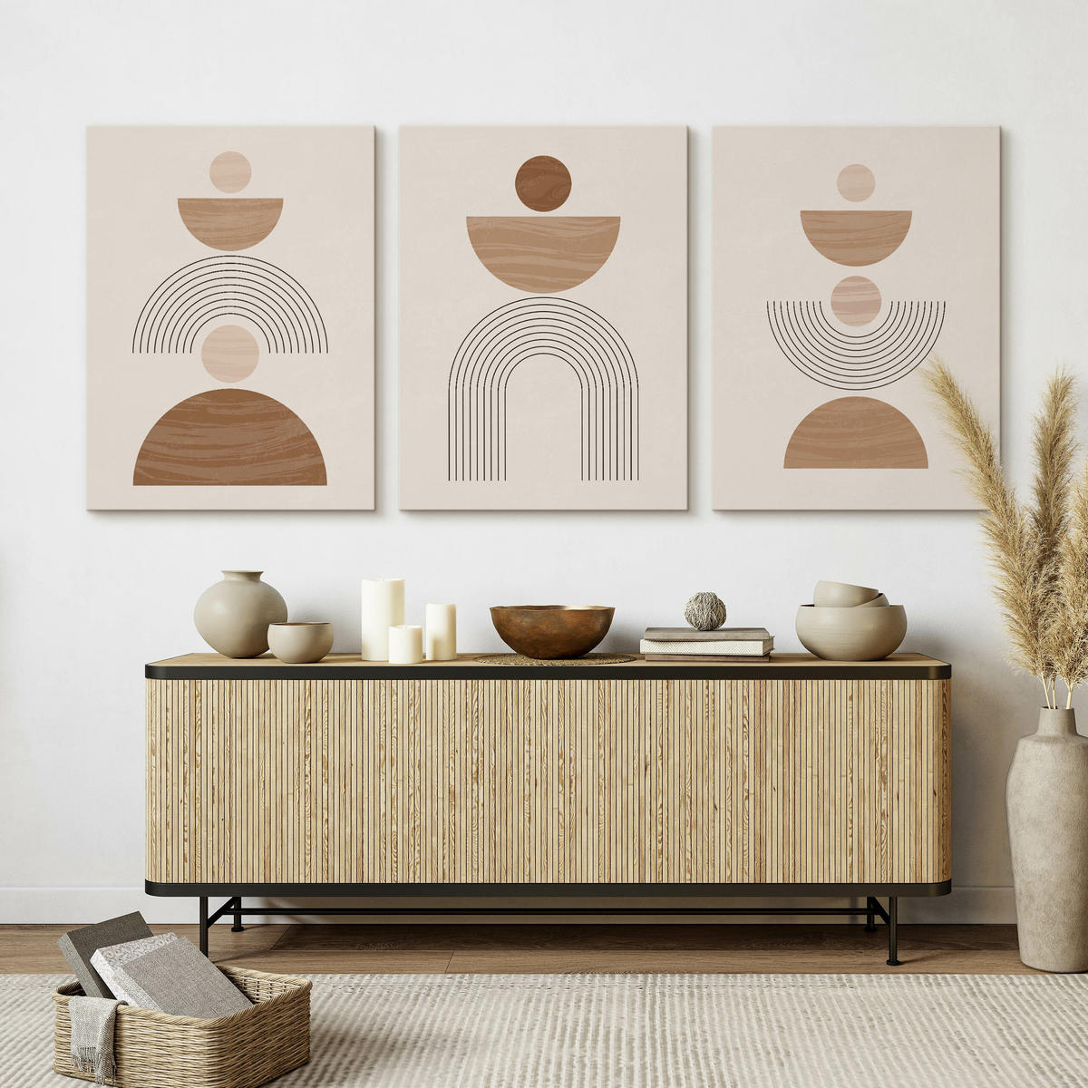 LEINWANDBILDER 3-er Set Geo-Muster Boho - Beige/Weiß, Textil (90/40cm) - Muralo