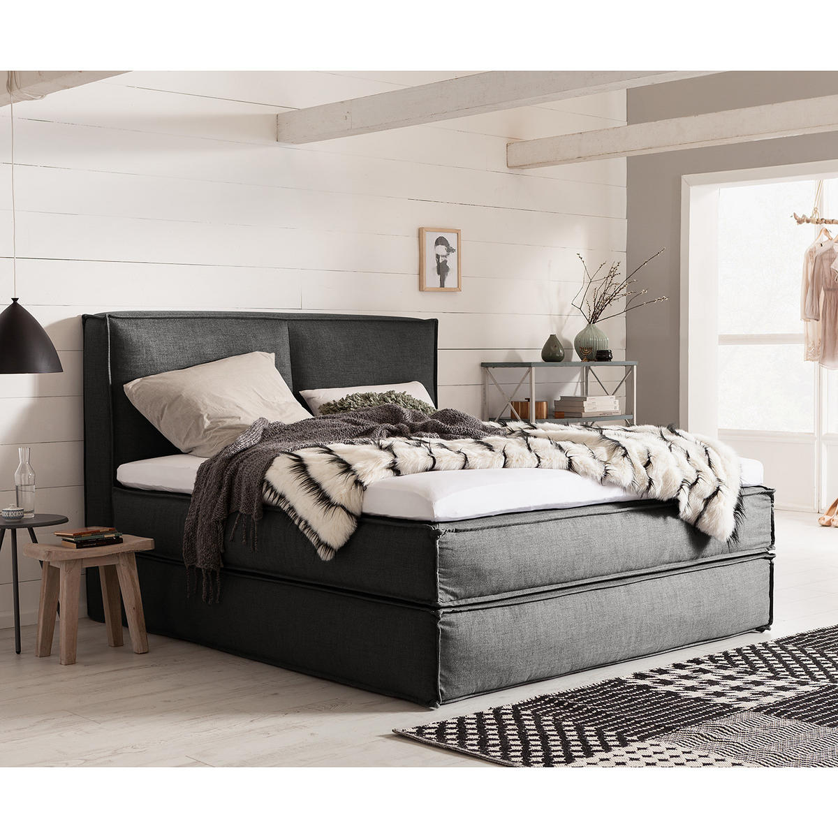 BOXSPRINGBETT mit Kopfteil - Premium - Grau, Textil (200/200cm) - home24