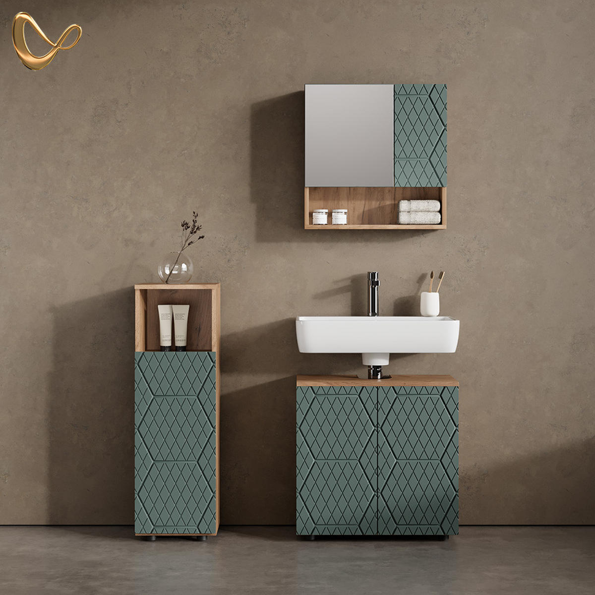 BADMÖBEL-SET Ronco Grün/Goldkraft Eiche 3 Teile - Honigeiche/Grün, Holzwerkstoff (60/59/30cm) - Livinity®