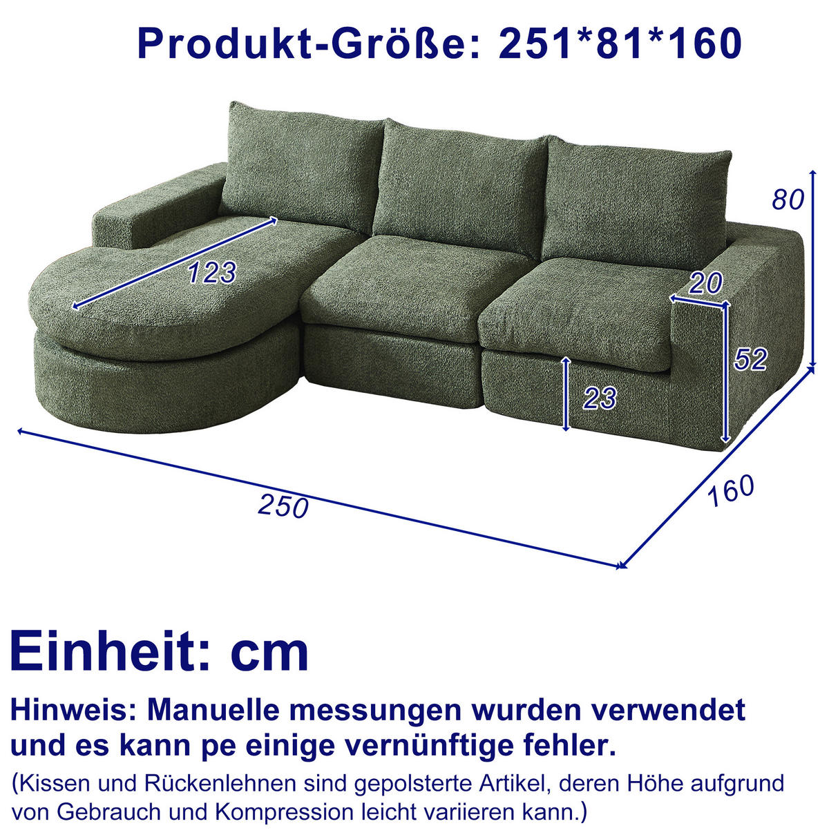SOFA modular mit Chaiselongue 251 x 160 x 81 cm Chenille Green 4-teilig - Grün, Kunststoff (160/250cm) - Meubliv