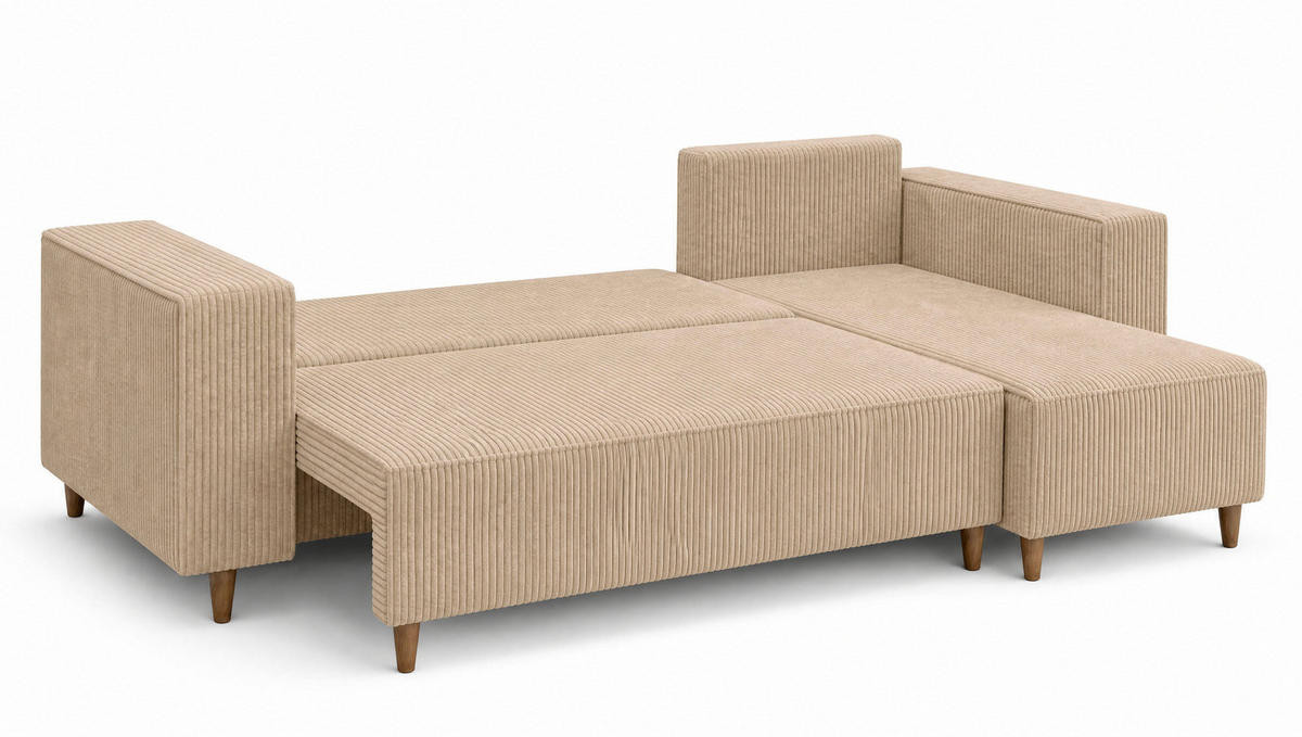 ECKSOFA mit Schlaffunktion und Bettkasten Rio, Ecksofa Cordstoff Beige, Ottomane Universal, 249x142 cm - Beige, Textil (249/142cm) - Marpur
