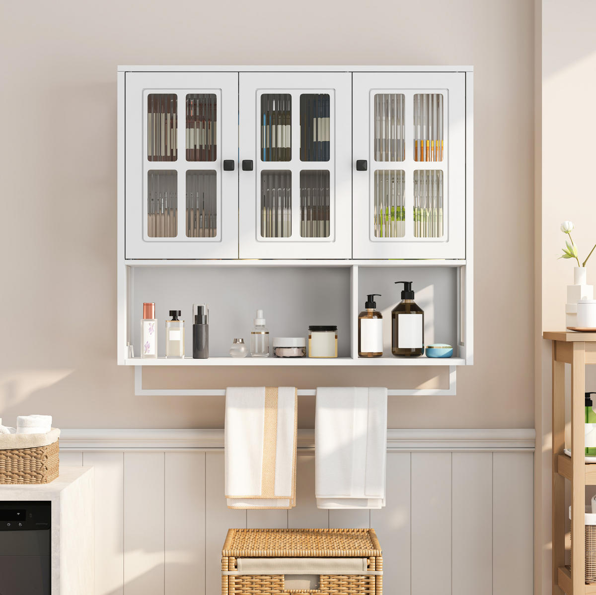 KÜCHENOBERSCHRANK 88/26/82,5 cm aus MDF und Glas mit Handtuchhalter Weiß - Weiß, Holzwerkstoff (88/82.5/26cm) - Modenvie