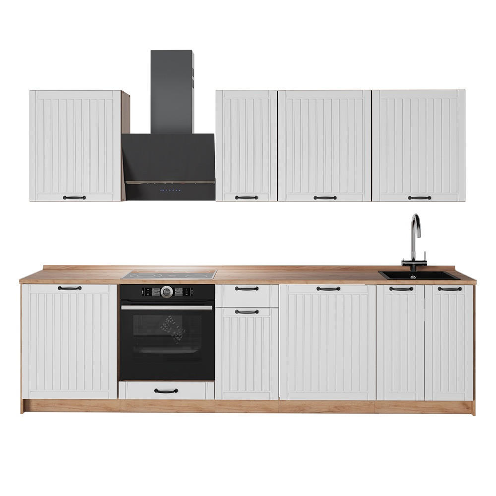 KÖK Fame-Line, Vitt hus på landet/Goldkraft ek, 280 cm utan bänkskiva - Vit/Honungsek, Träbaserade material (280/206.8/51.6cm) - Vicco