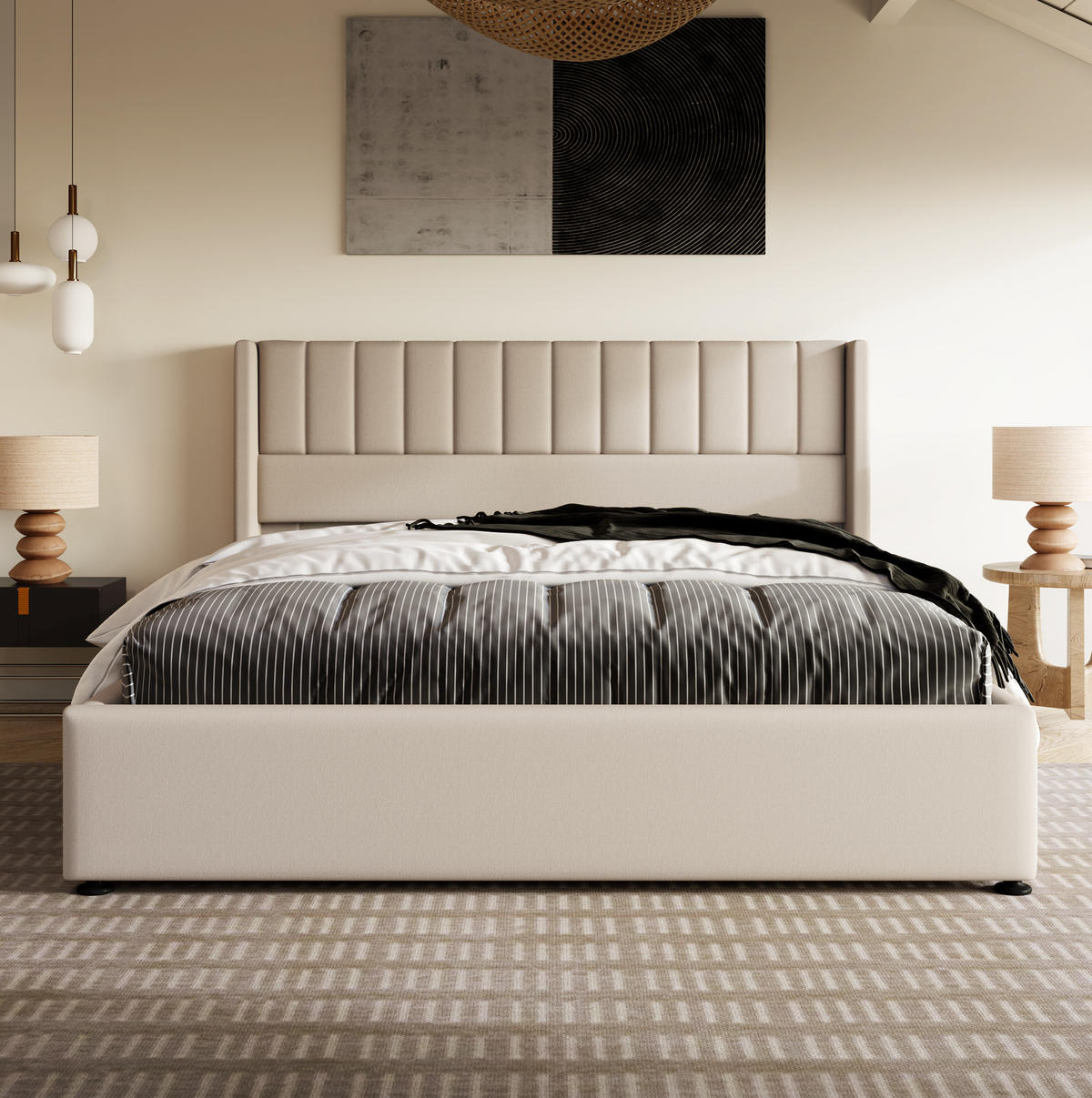 POLSTERBETT 160/200 cm mit hydraulischem Bettkasten, vertikal gestepptes Kopfteil, Beige - Beige, Textil (160/200cm) - Redom