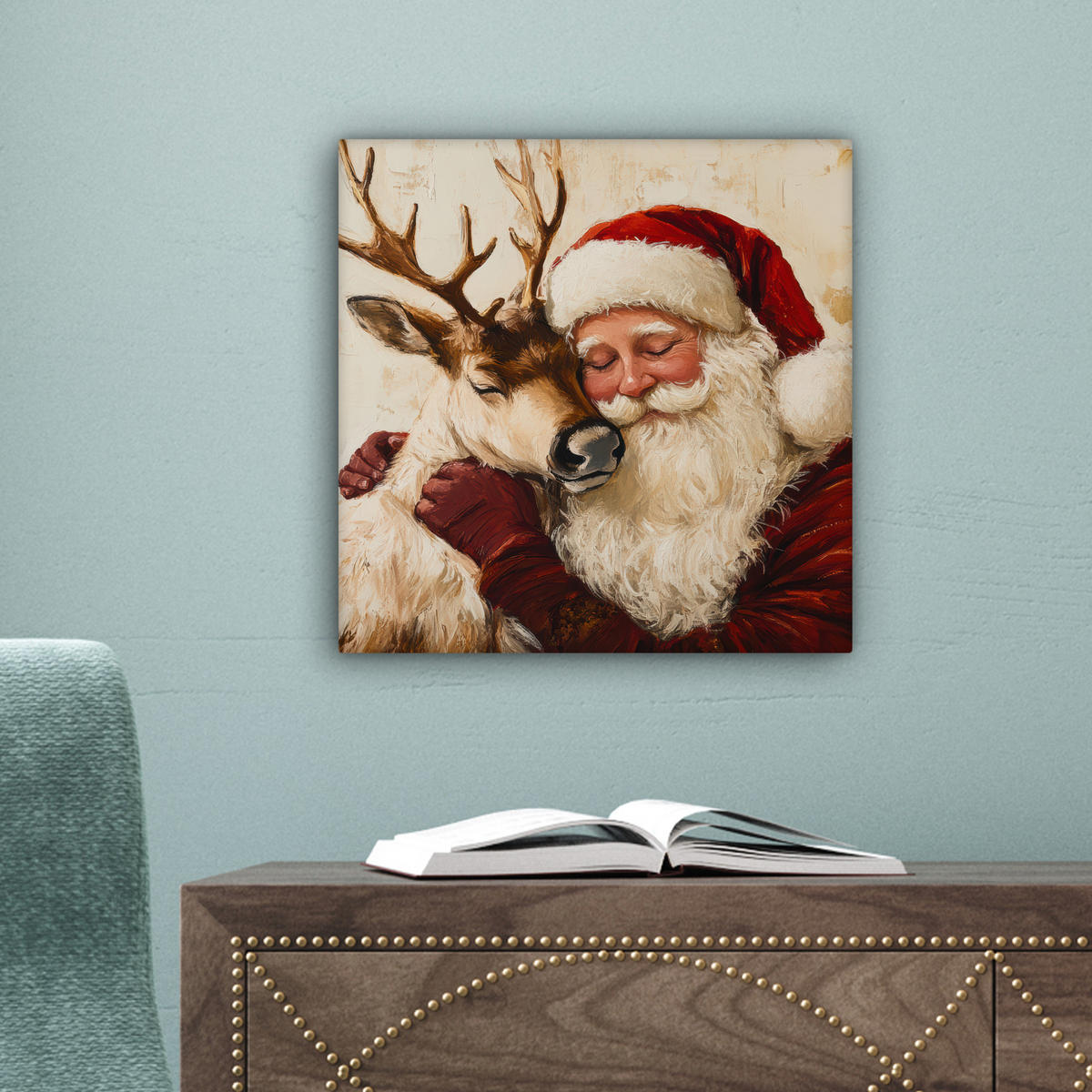 LEINWANDBILD Weihnachtsmann - Rentier - Weihnachten 20x20 cm - Rotbraun, Textil (20/20cm) - MuchoWow