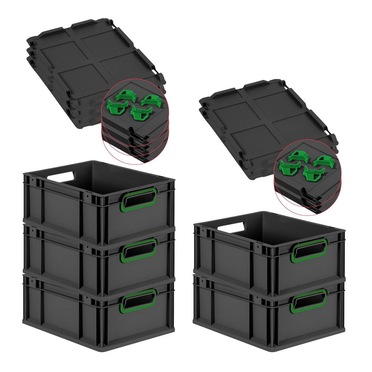 EUROBOX 5x NextGen Color mit Auflagedeckel 17x30x40 cm 16 Liter Schwarz Griffe grün offen - Schwarz/Grün, Kunststoff (30/17/40cm) - PROREGAL