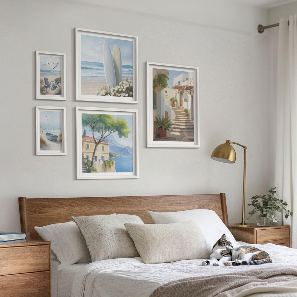 WANDBILDER 5er-Set - 50x50 cm & 20x30 cm & 40x60 cm Weißer Rahmen - Straßenblumen, Fahrrad bemalt - Weiß, Kunststoff (40/60cm) - ArtPrintCave