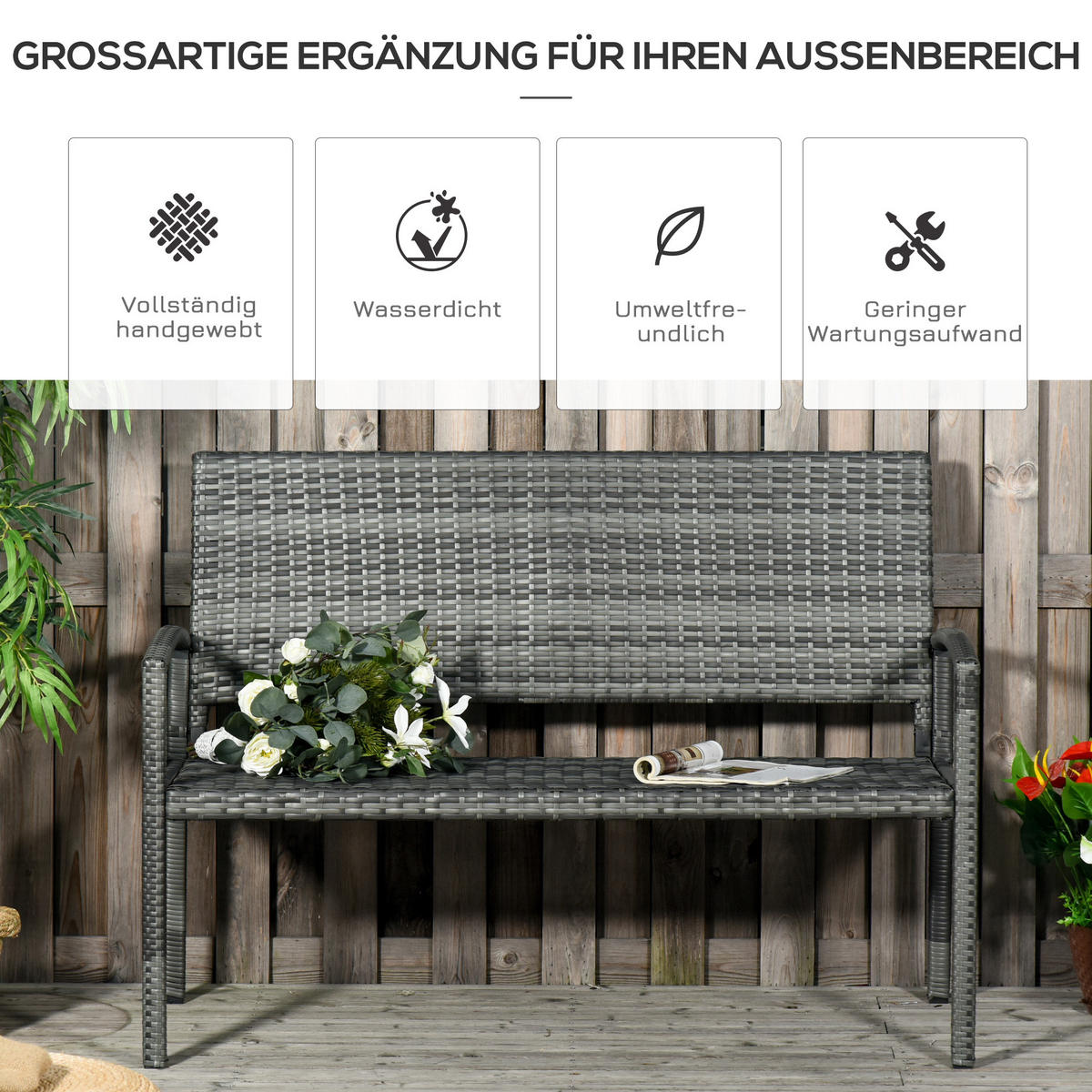 GARTENBANK mit Stahlrahmen für 2 Personen, bis 240 kg Belastbar, Grau, 122 x 60 x 85cm - Grau, Kunststoff (60/85/122cm) - Outsunny