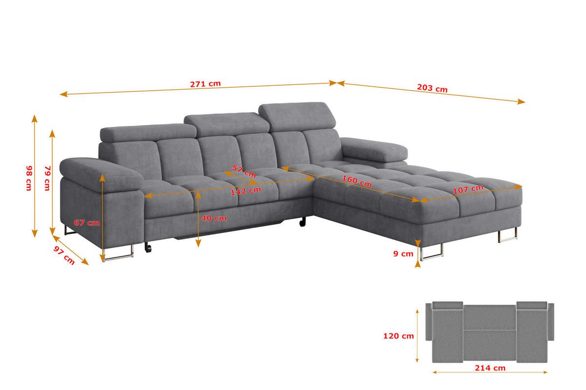 ECKSOFA mit Schlaffunktion Ottomane Rechts COMA L 271x203x79 Grau Velours - Grau, Holzwerkstoff/Textil (203/271cm) - ALTDECOR