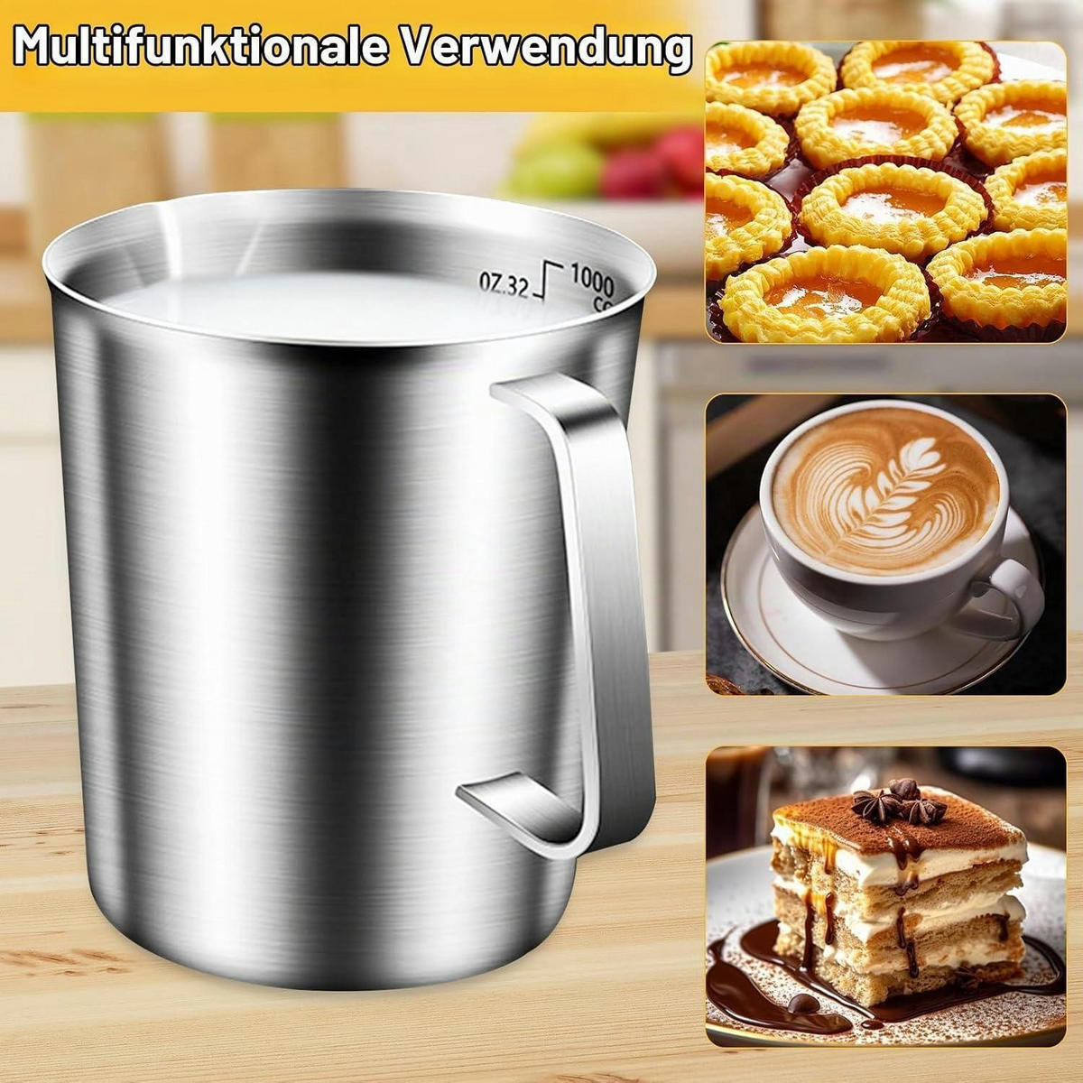 MESSBECHER Edelstahl 1L mit Skala und Griff - Silberfarben, Metall (1L)