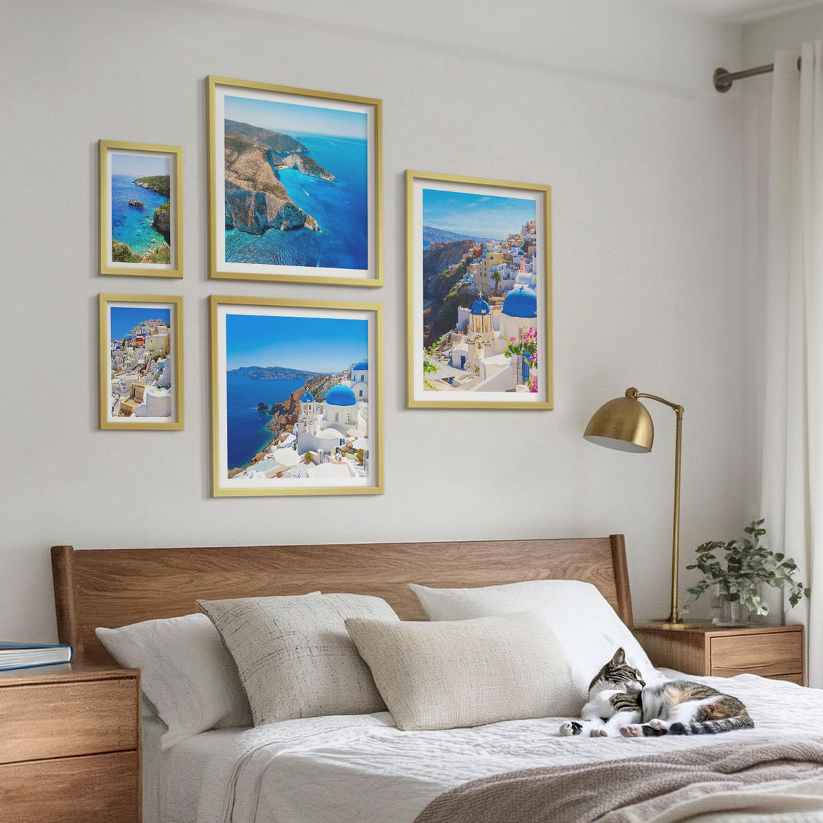 BILDER SET 5er Set - 50x50 cm & 20x30 cm & 40x60 cm Goldrahmen - Architekturlandschaft Oia Santorin Griechenland - Goldfarben, Kunststoff (40/60cm) - TULUP