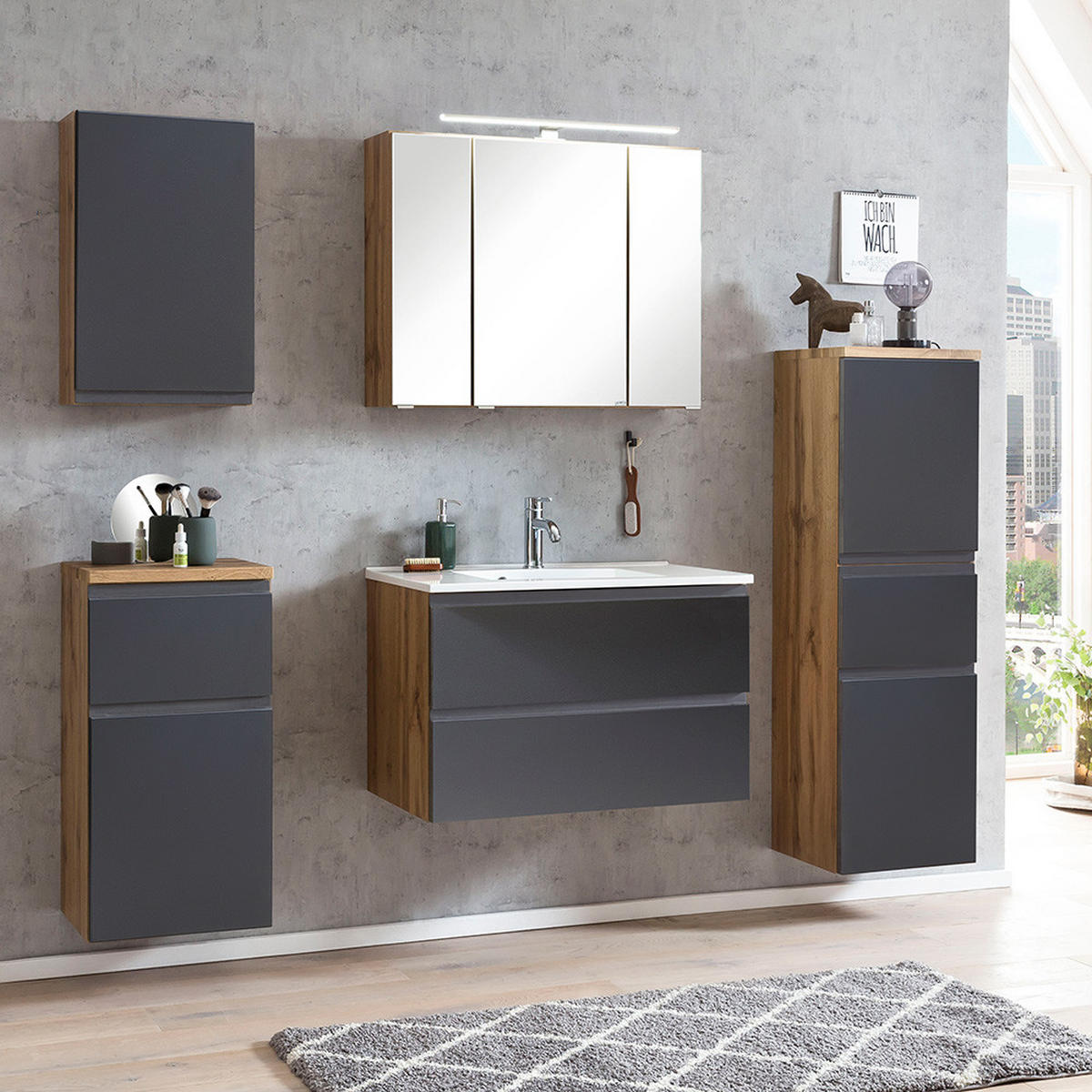 BADMÖBEL-SET Vasto-03 - Grau, Holzwerkstoff (80/200/47cm) - Lomado