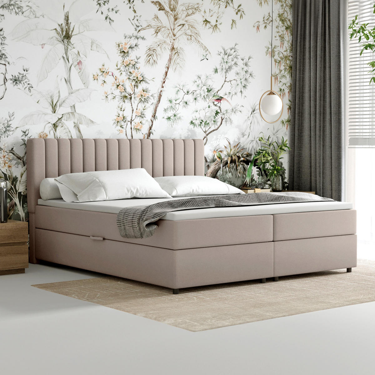 BOXBETT Everest beige 180 x 200 cm Doppelbett mit hochwertiger Bonell-Matratze und Topper - Cappuccino, Holz (180/200cm) - Panda Möbel