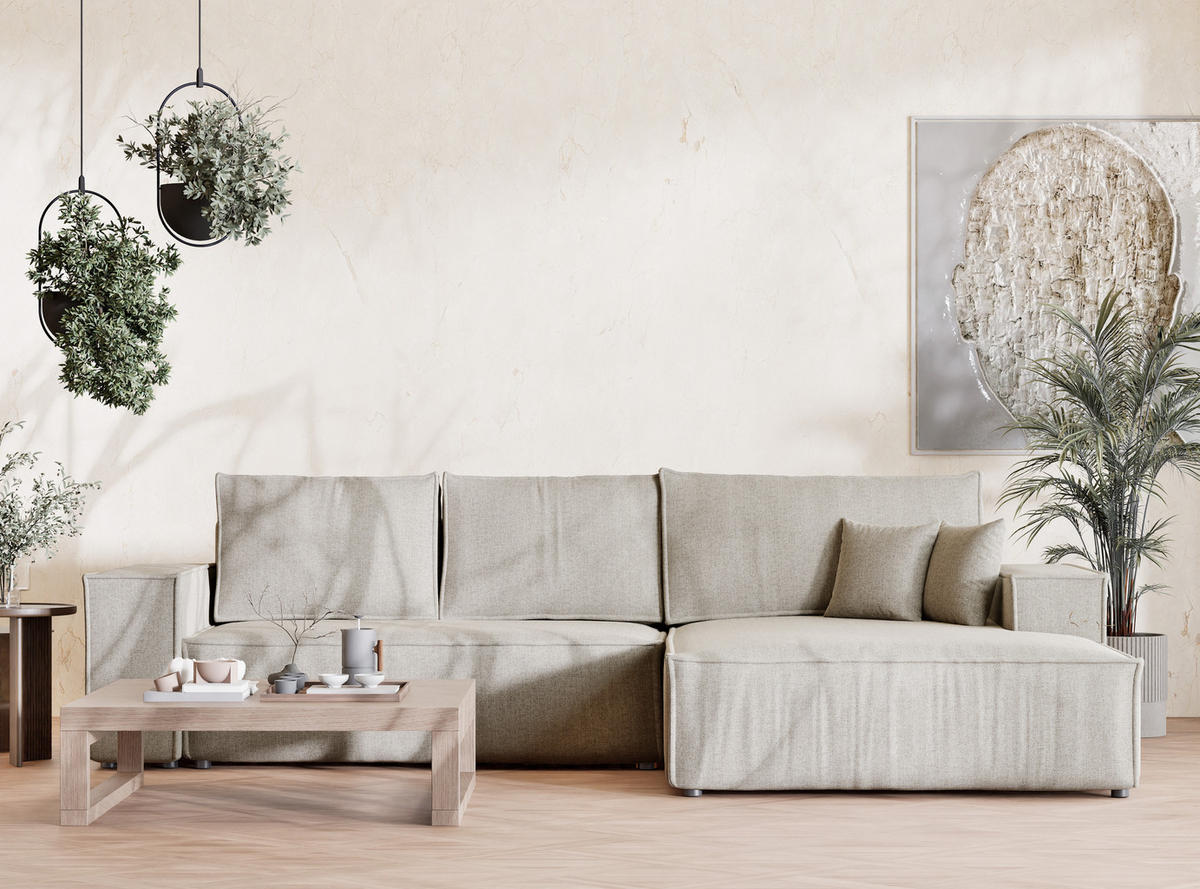 ECKSOFA Maze Beige Webstoff - Rechts Seite - Beige/Schwarz, Holz/Holzwerkstoff (294/185cm) - Maison de Reve