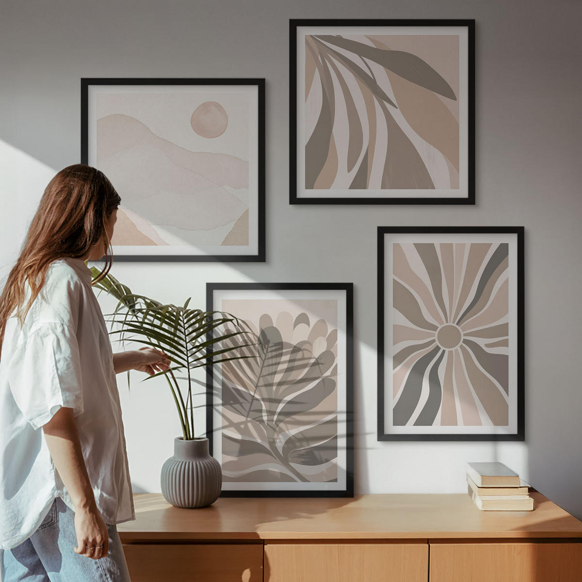 BILDER SET 4er Set - 50x50 cm & 40x60 cm Schwarzer Rahmen - Abstrakte Pflanzenmuster - Schwarz, Kunststoff (50/50cm) - TULUP