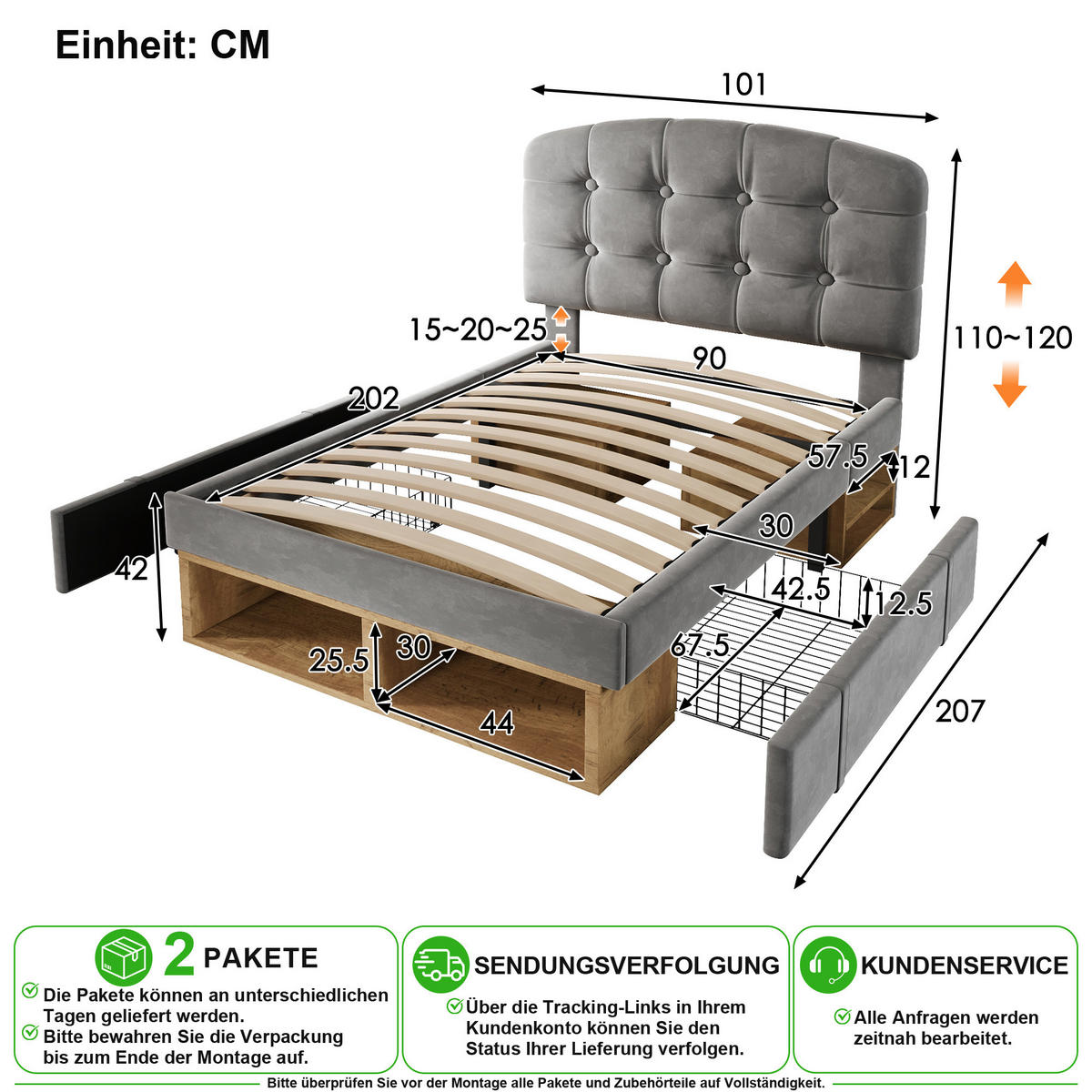 POLSTERBETT 90/200 cm in Grau Samt mit Schubladen, Regal und verstellbarem Kopfteil - Grau, Holzwerkstoff/Textil (90/200cm) - CHICFURN