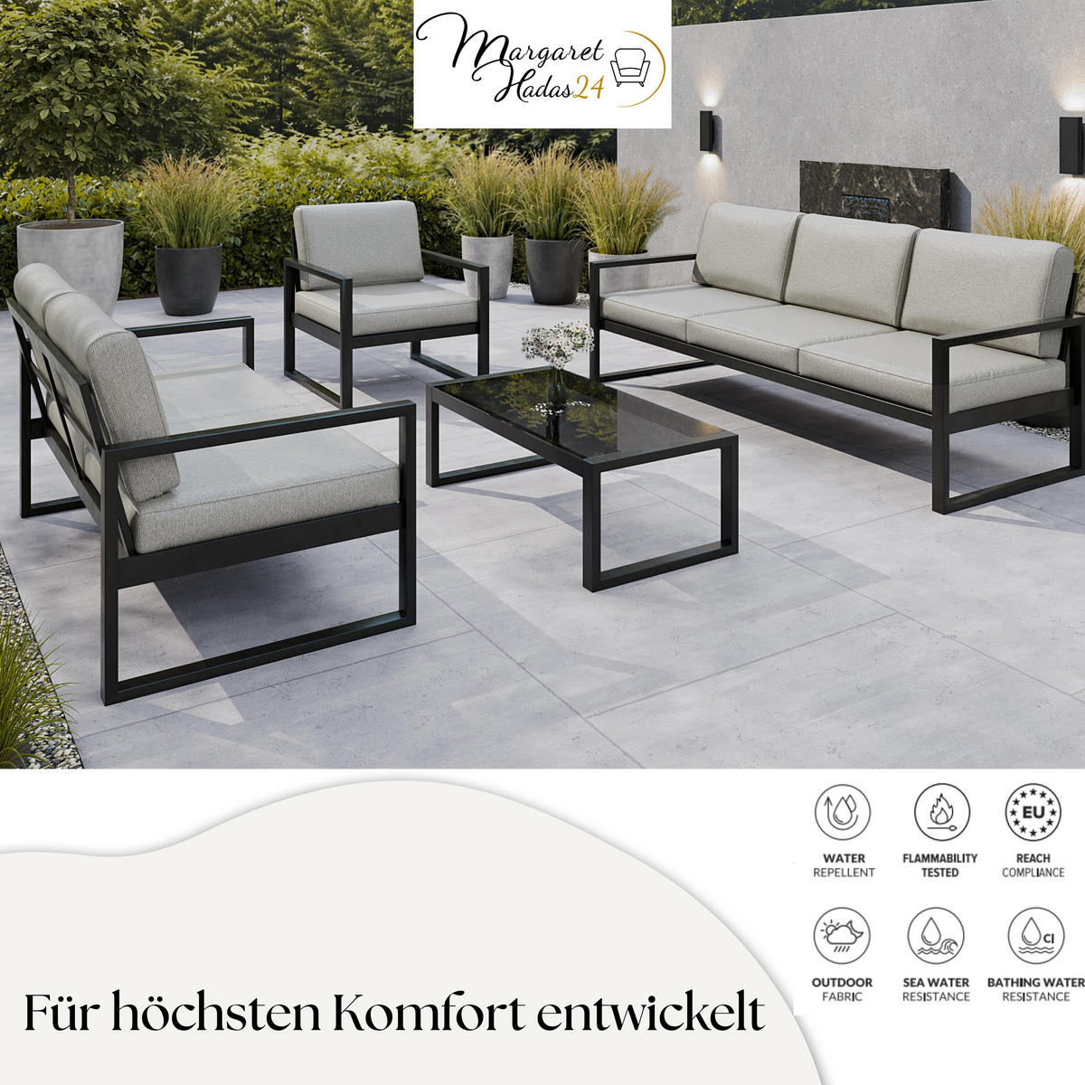 GARTENSET Madera für 6 Personen Balkonmöbel Aluminium Terassenmöbel Sitzbank, 4-tlg. Tisch schwarz, beige - Beige/Schwarz, Kunststoff/Metall - Margaret Hadas24