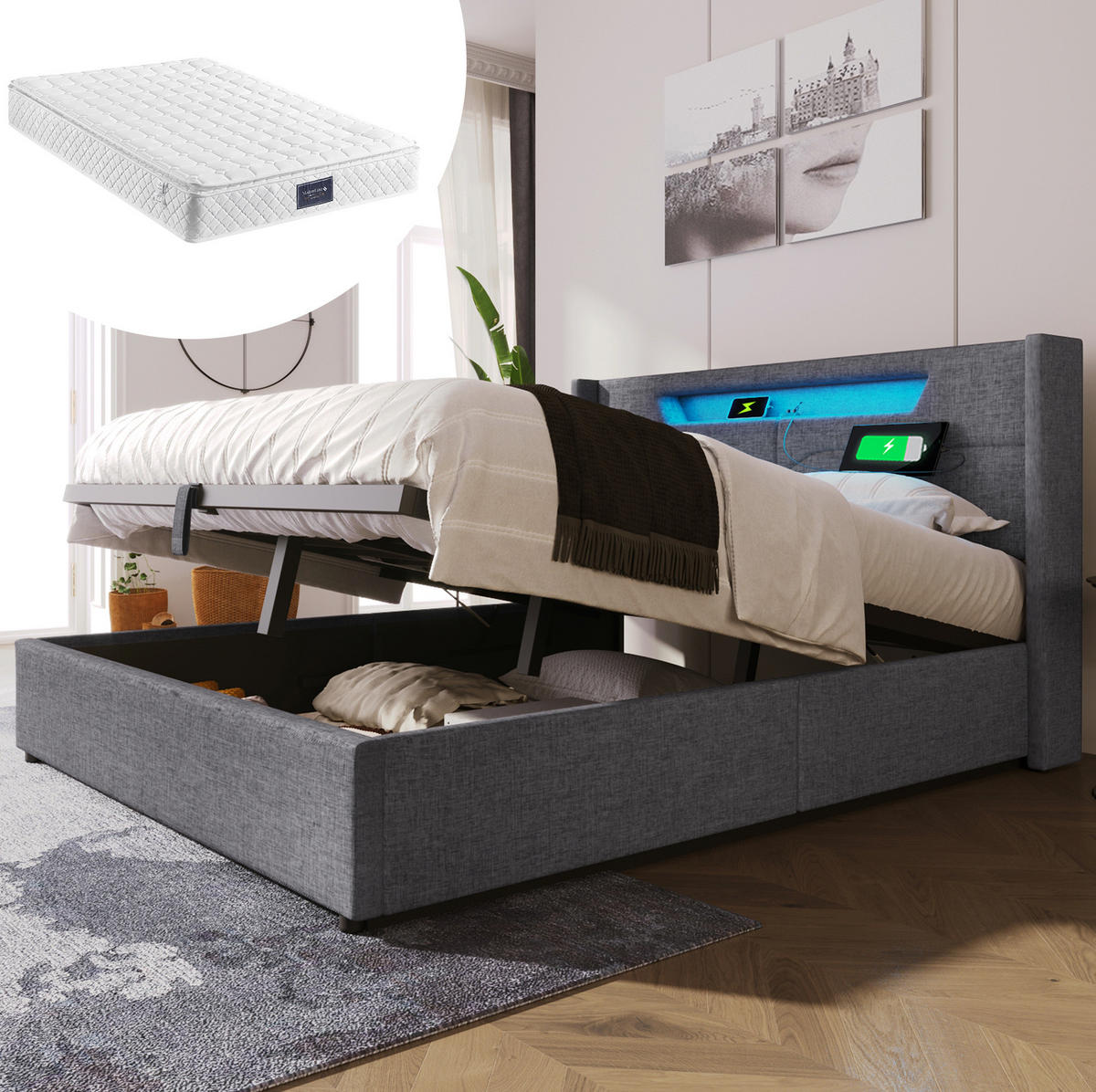 POLSTERBETT 160/200 cm Grau aus Leinen mit LED-Beleuchtung und Stauraum - Grau, Textil (160/200cm) - OKMYHOME