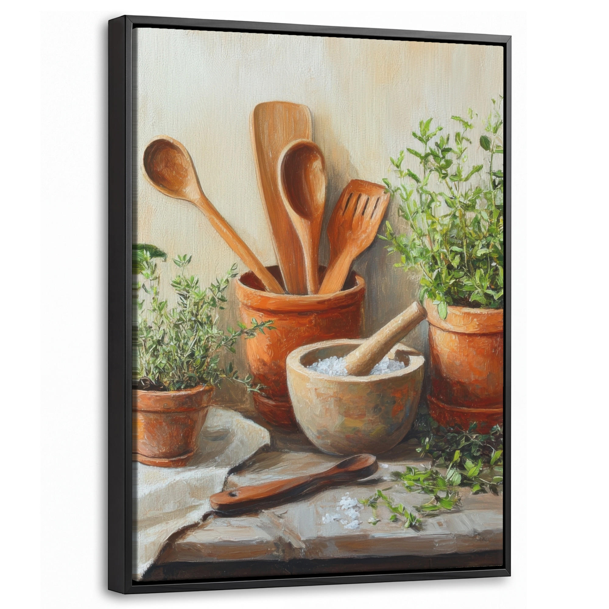 LEINWAND Bilder mit Rahmen - Töpfe - Kräuter - Holz - 30x40 - Terracotta, Textil (30/40cm) - MuchoWow