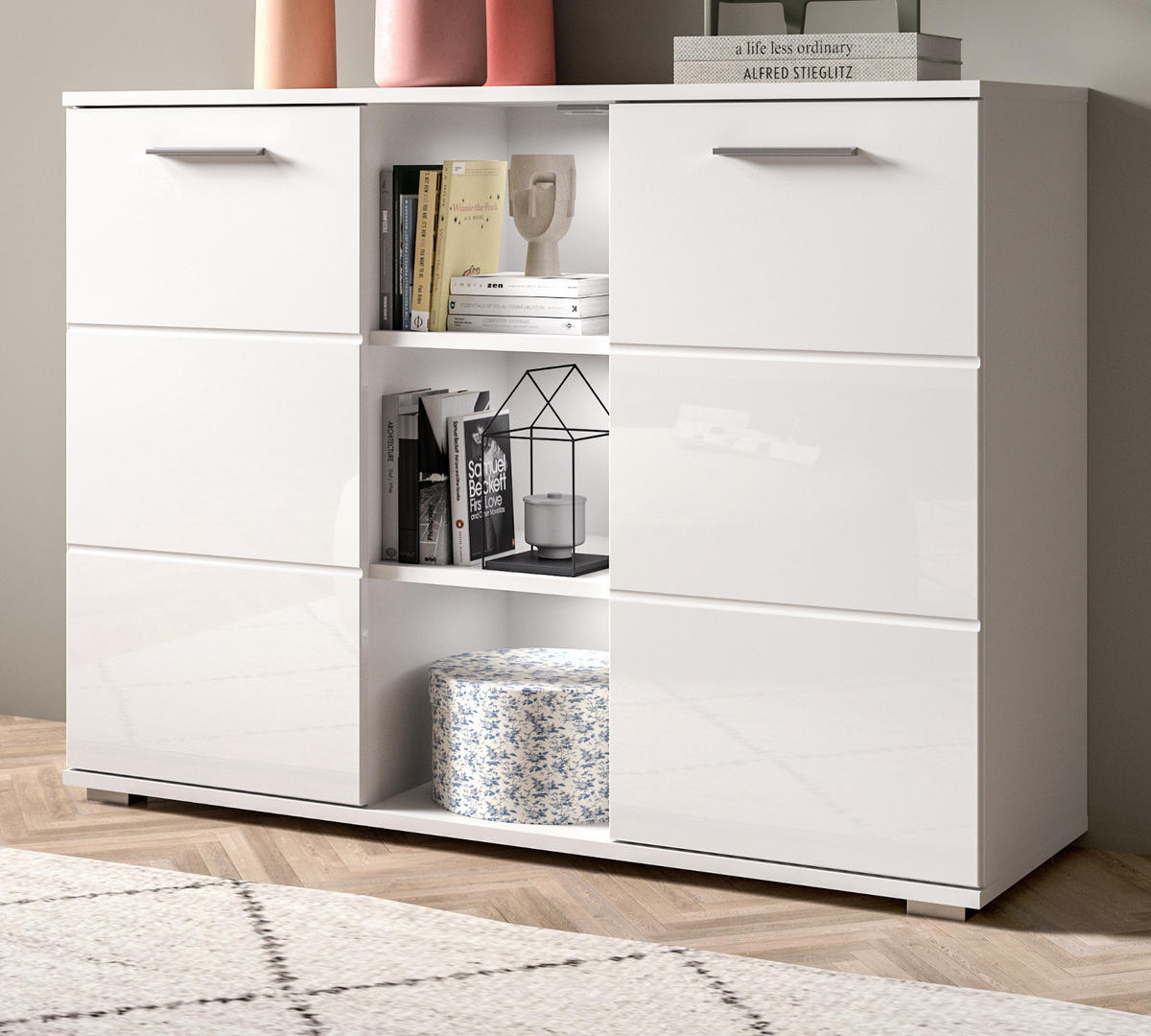 KOMMODE weiß Hochglanz 110 cm, Sideboard mit 9 Fächern - Weiß Hochglanz/Silberfarben, Holzwerkstoff/Kunststoff (110/83/37cm) - Inn.Furn